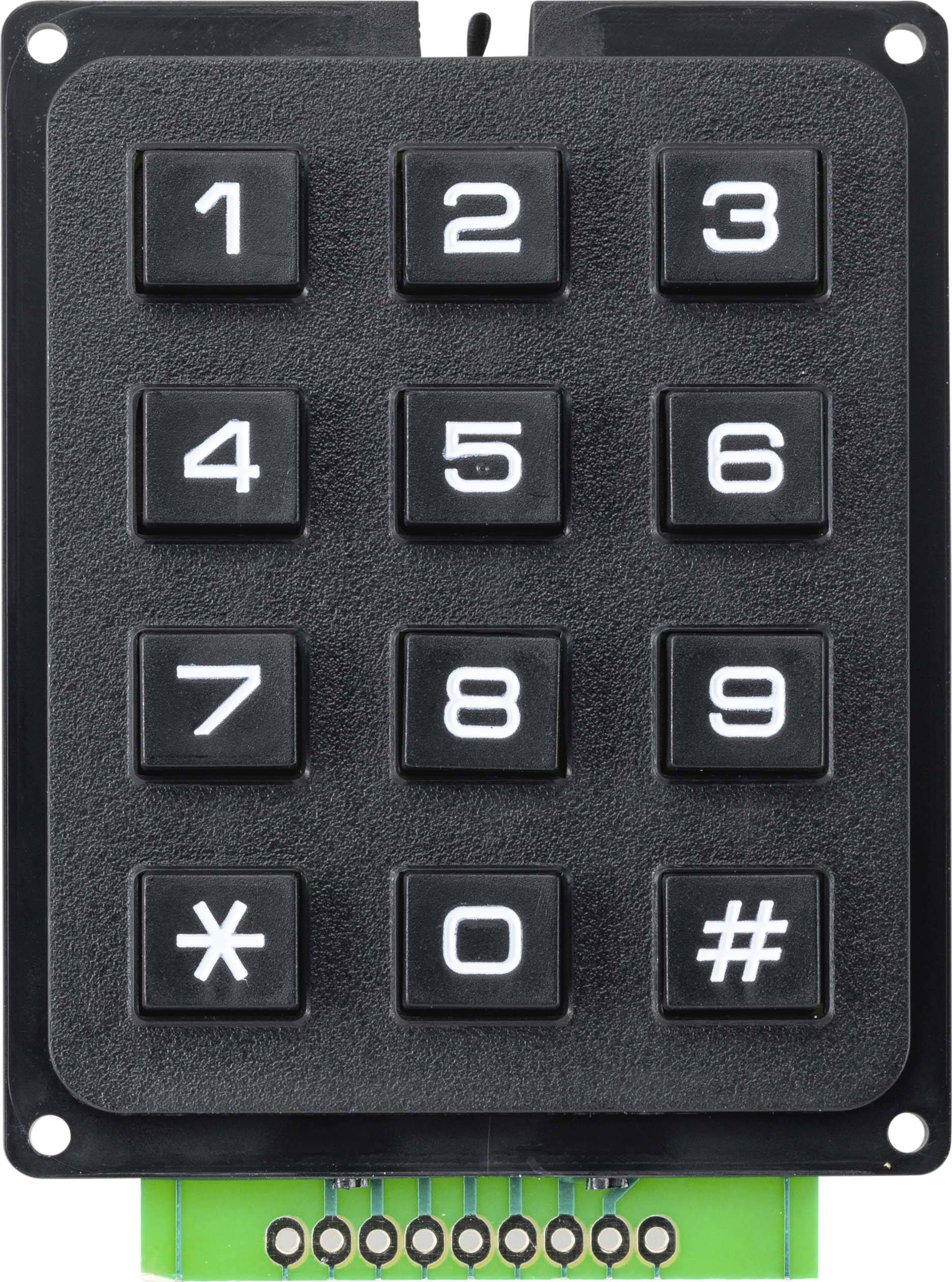 Un clavier numérique avec des touches de 0 à 9 ainsi que des touches d'étoile et de dièse, monté sur un circuit électronique vert.