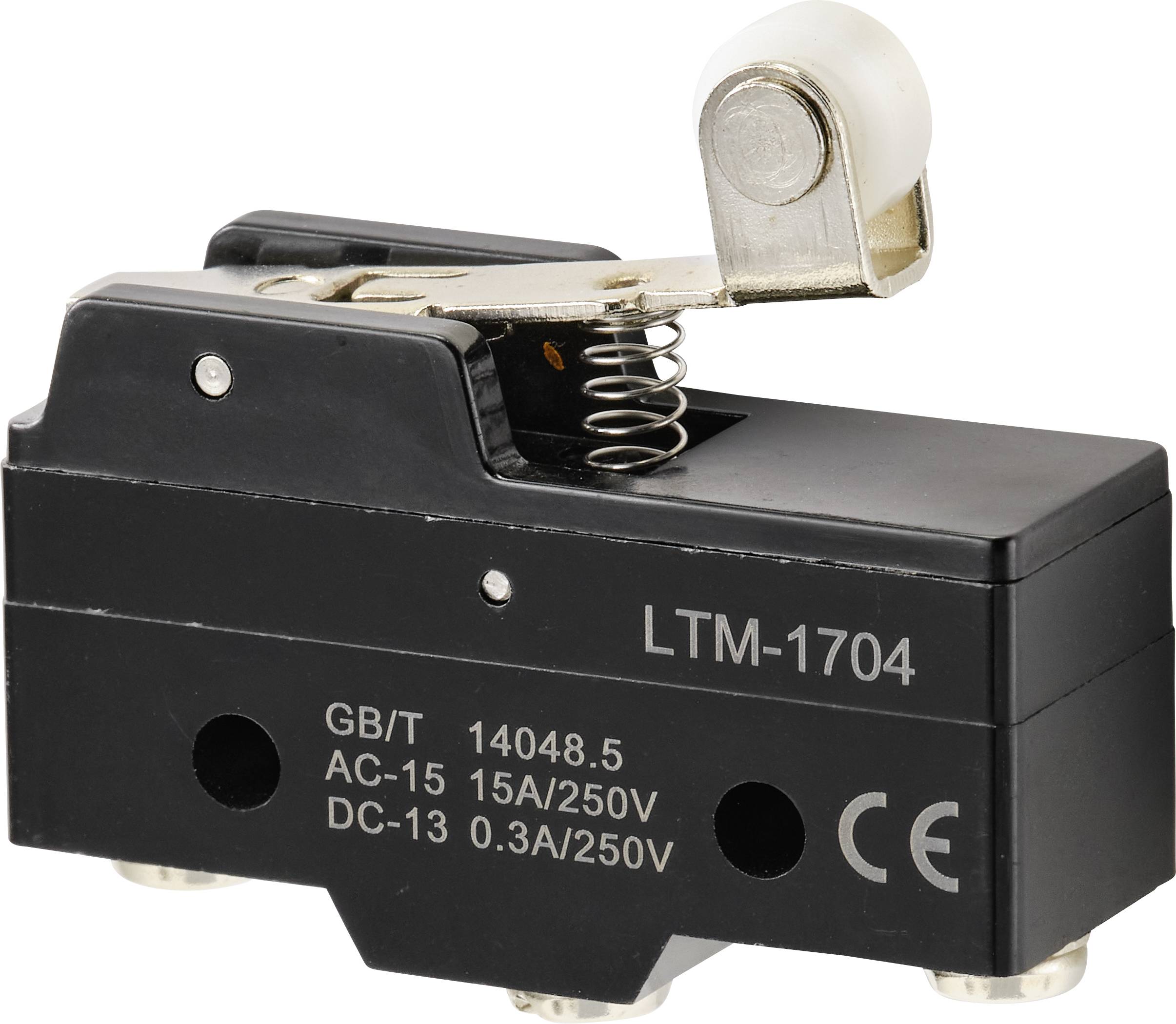 Micro-interrupteur noir LTM-1704 avec levier et ressort, marquage : GB/T 14048.5, AC-15 15A/250V, DC-13 0,3A/250V, marquage CE.