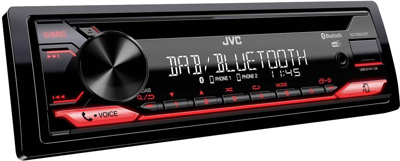 Un autoradio JVC avec fonction Bluetooth, éclairage rouge et affichage pour DAB, l'heure et le statut de connexion.