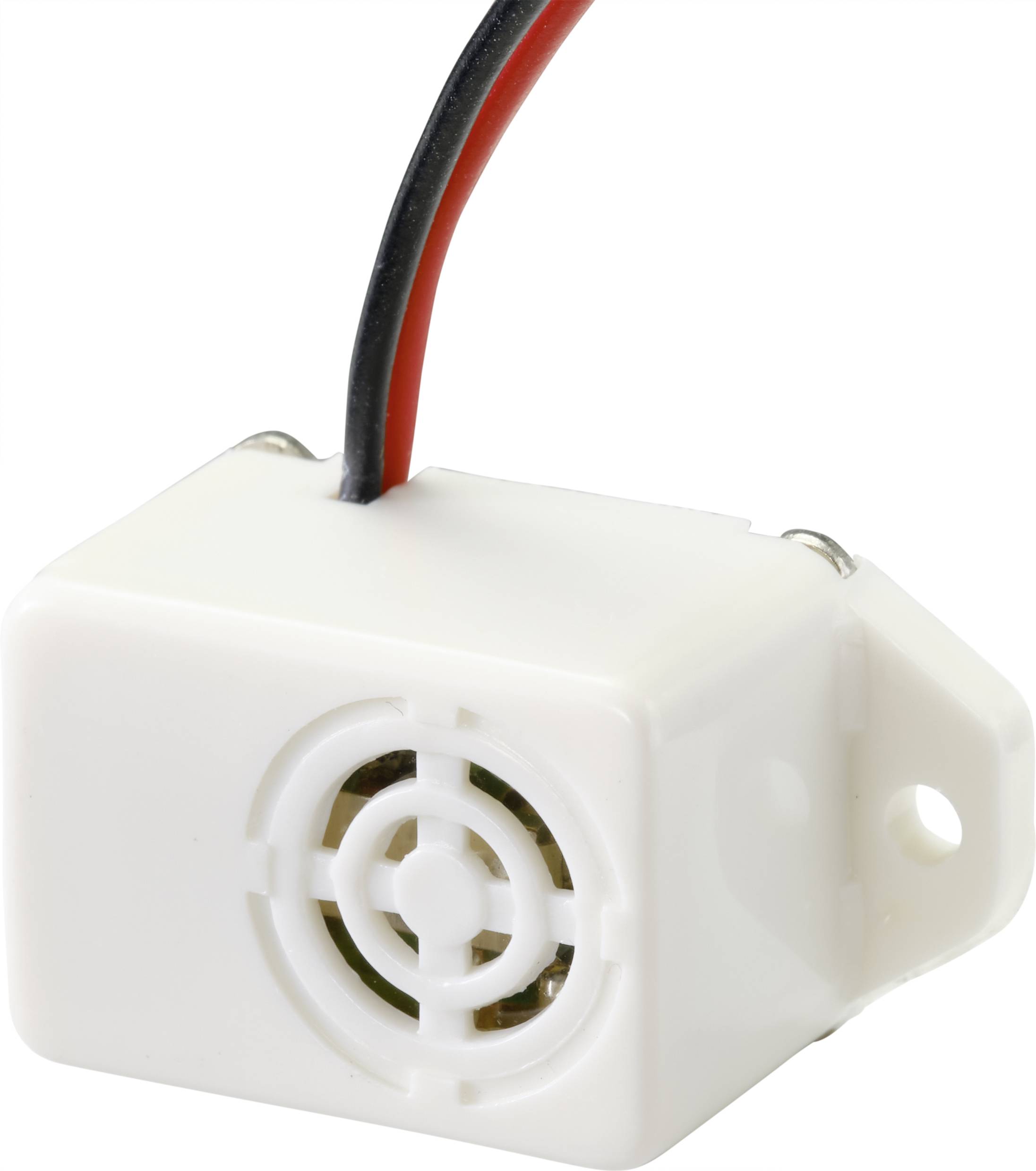 Un petit buzzer électrique blanc avec deux câbles (rouge et noir) pour l'alimentation électrique. Principalement utilisé pour des signaux acoustiques.