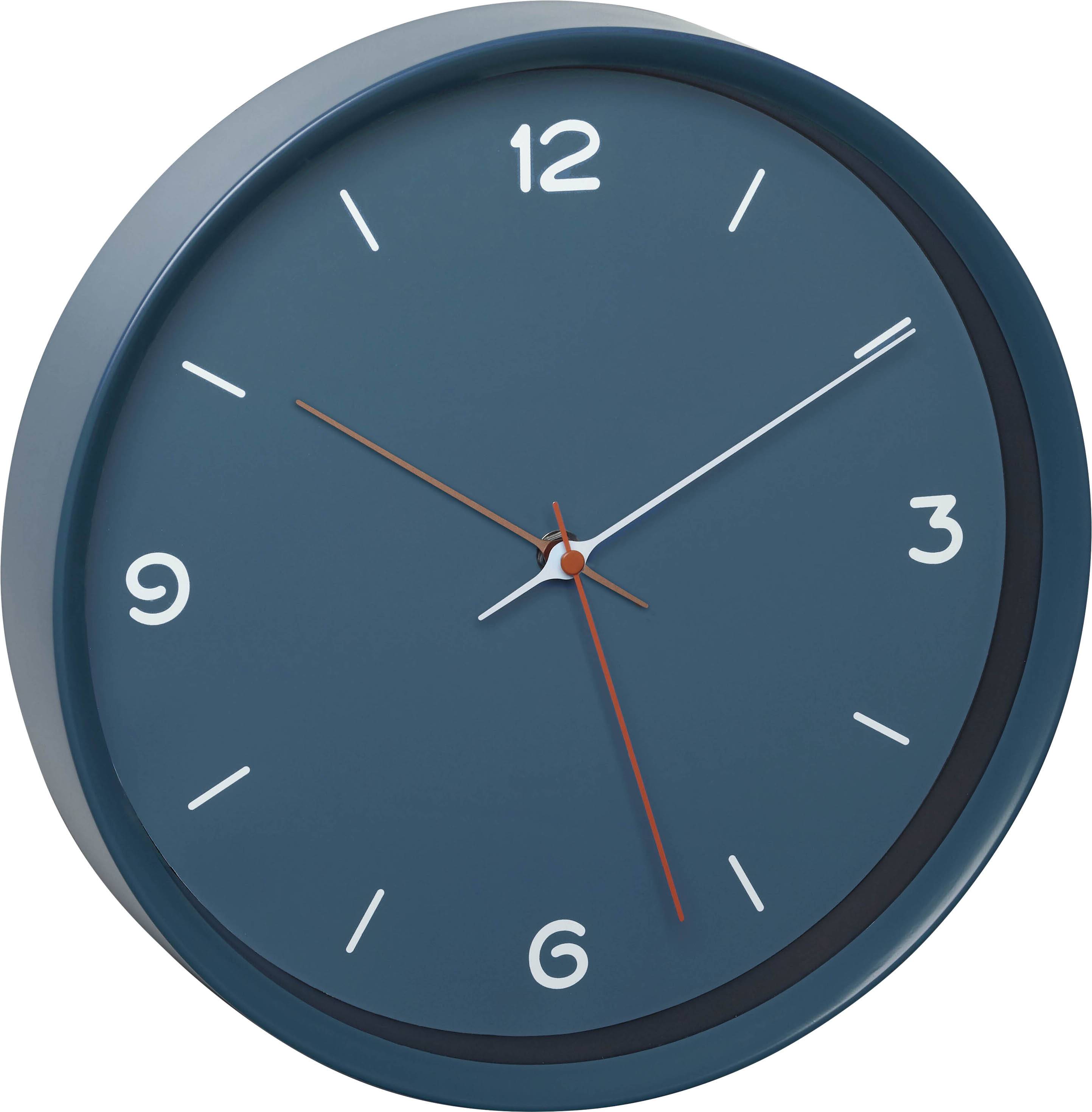 Horloge murale ronde avec un cadran bleu foncé, des aiguilles blanches et rouges, indiquant 10h10.