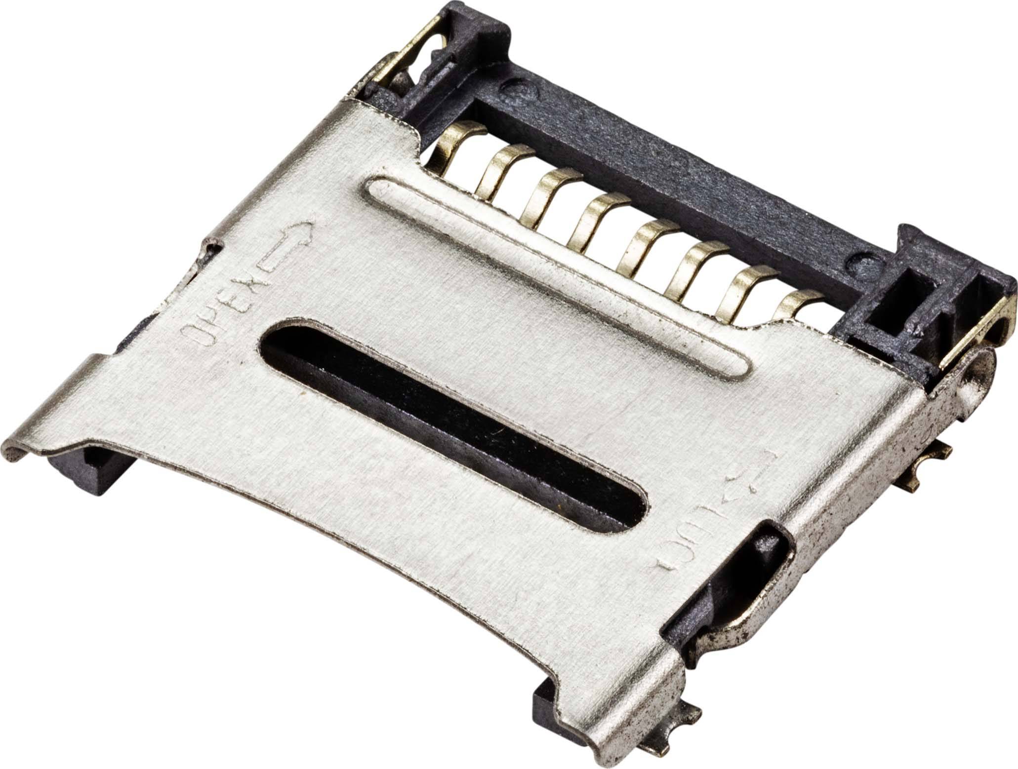 Metallischer SIM-Kartenhalter, geöffnet, zeigt interne Kontakte. Design zur sicheren Befestigung einer SIM-Karte in einem elektronischen Gerät.