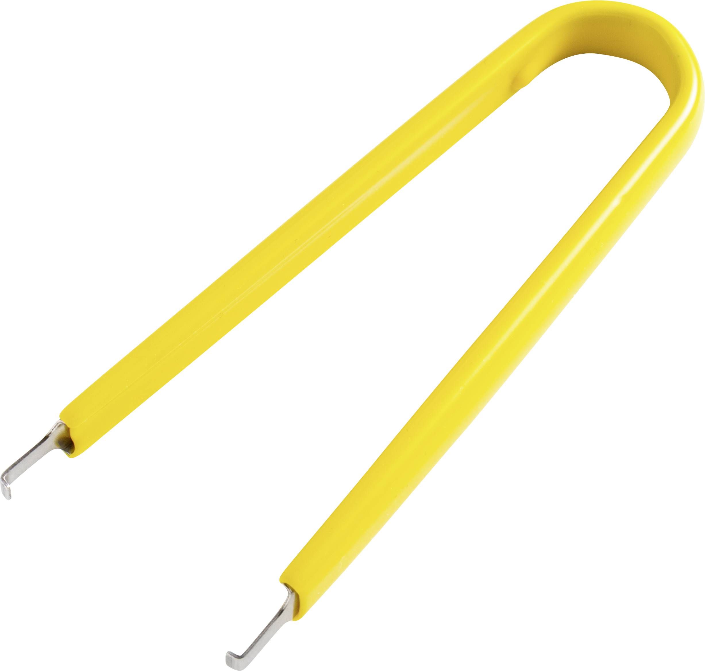 Ein gelbes Werkzeug in U-Form mit Haken an den Enden, häufig zur Entfernung von In-Ear-Kopfhörern oder zur Kabelentwirrung verwendet.