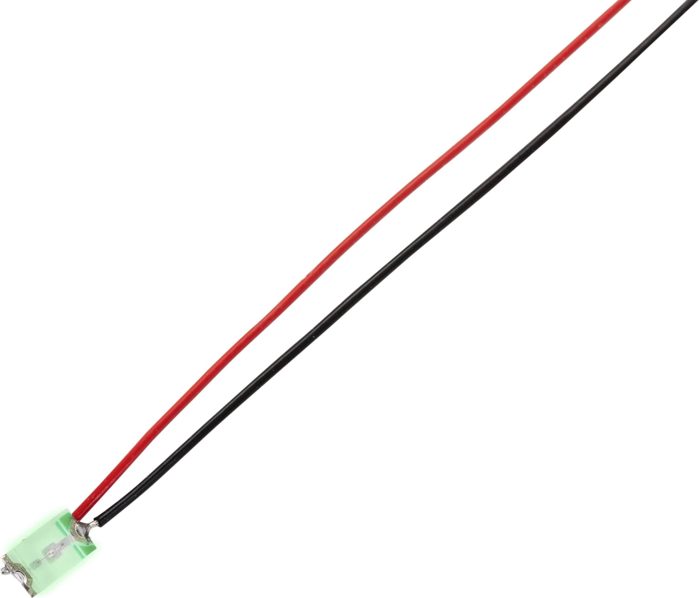Zwei farbige elektrische Drähte enden an einem kleinen, grünen Steckverbinder.