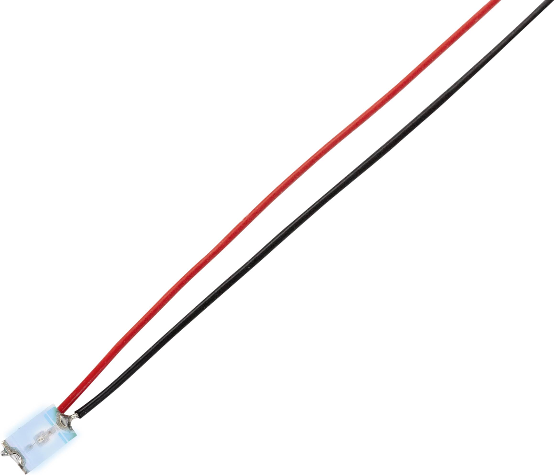 Deux fils, l'un rouge et l'autre noir, sont connectés à une LED bleue. La LED n'est pas allumée dans un état visible.