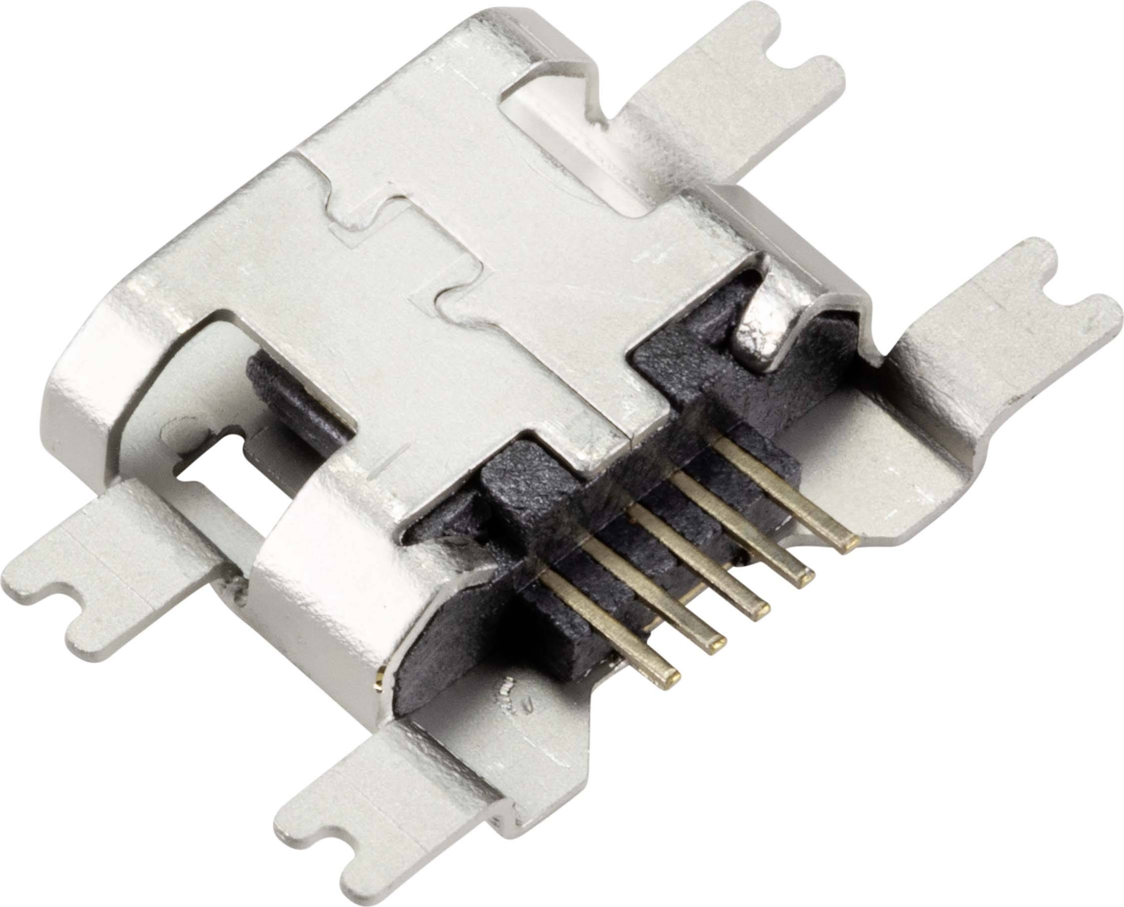 Un composant de connexion USB avec boîtier métallique et cinq broches dorées utilisées pour la connexion électronique.