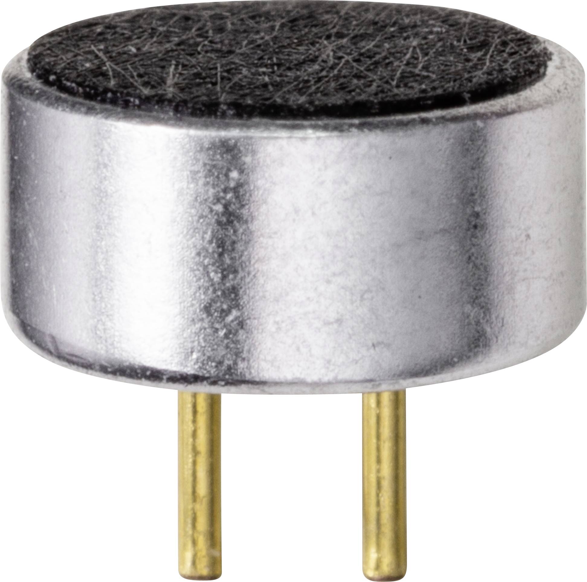 Petit microphone rond avec boîtier argenté et deux broches dorées à sa base, sur un fond blanc.