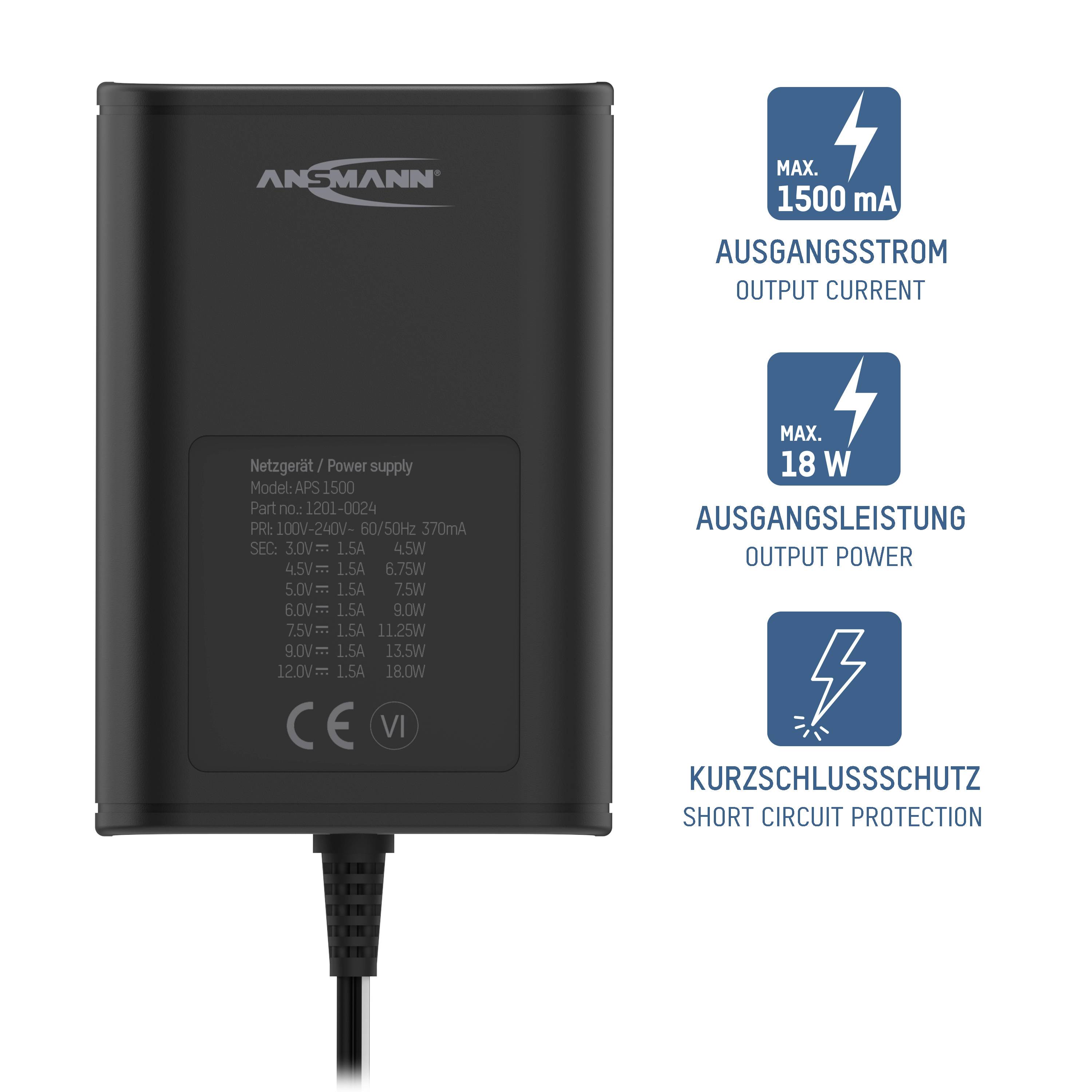 Ansmann 1201-0024 Bloc d'alimentation réglable 12 V/DC, 9 V/DC, 7.5 V/DC, 6 V, 4.5 V/DC, 3 V 1500 mA 18 W