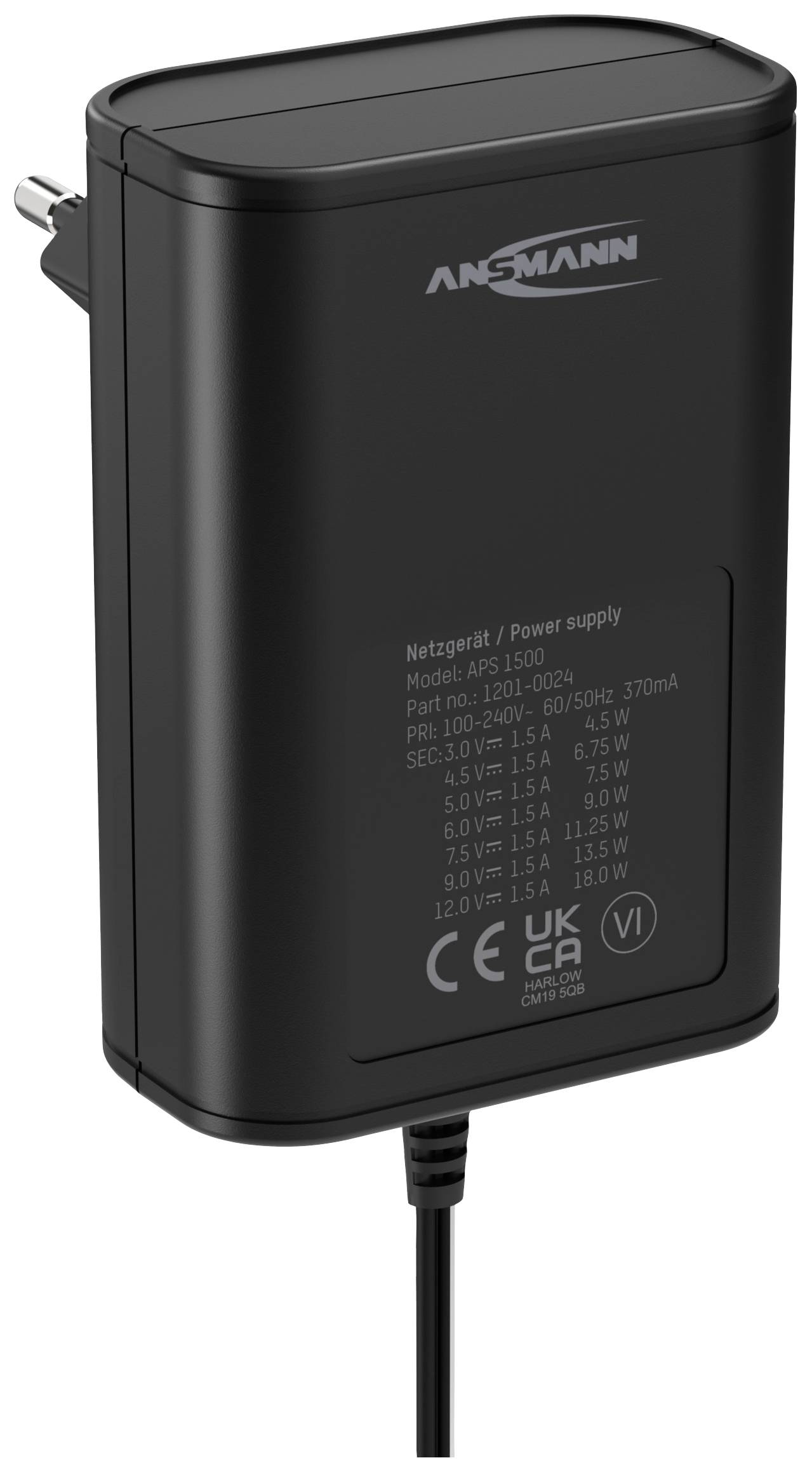 Ansmann 1201-0024 Bloc d'alimentation réglable 12 V/DC, 9 V/DC, 7.5 V/DC, 6 V, 4.5 V/DC, 3 V 1500 mA 18 W