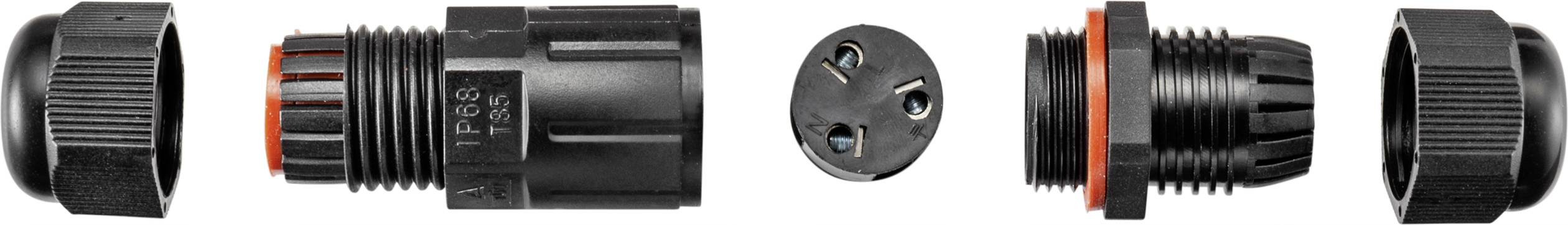 Plusieurs connecteurs cylindriques noirs à surface striée, munis de joints d'étanchéité rouges, disposés en ligne.