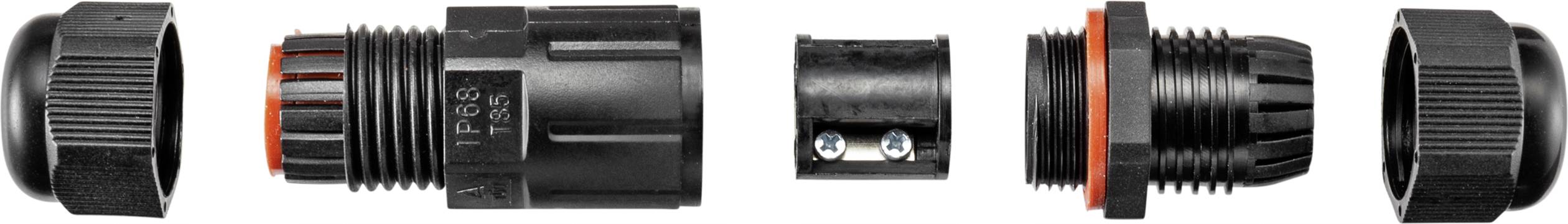Connecteur électrique en plastique noir composé de plusieurs éléments utilisés pour relier et protéger des câbles.