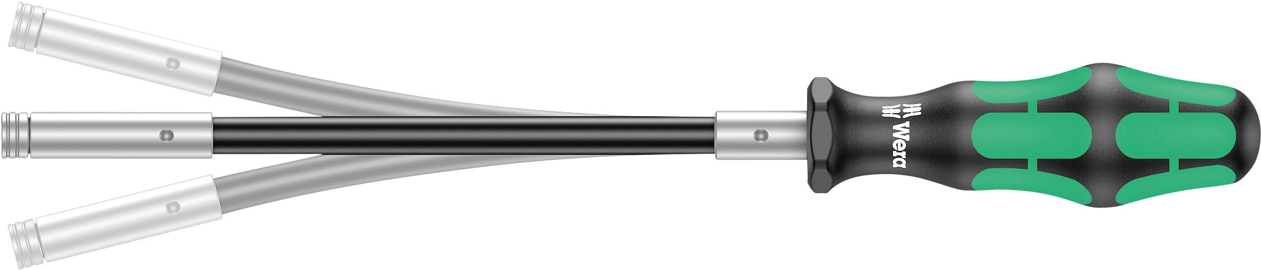 Tournevis triple avec poignée ergonomique en vert et noir, trois rallonges flexibles, logo de marque visible sur la poignée.