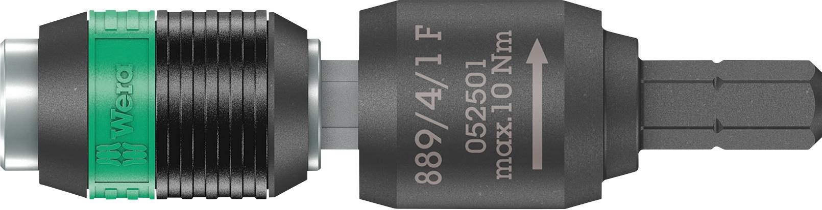 Adaptateur Wera au design vert et noir caractéristique, portant l'inscription '889/4/1 F' et offrant un couple maximal de 10 Nm.
