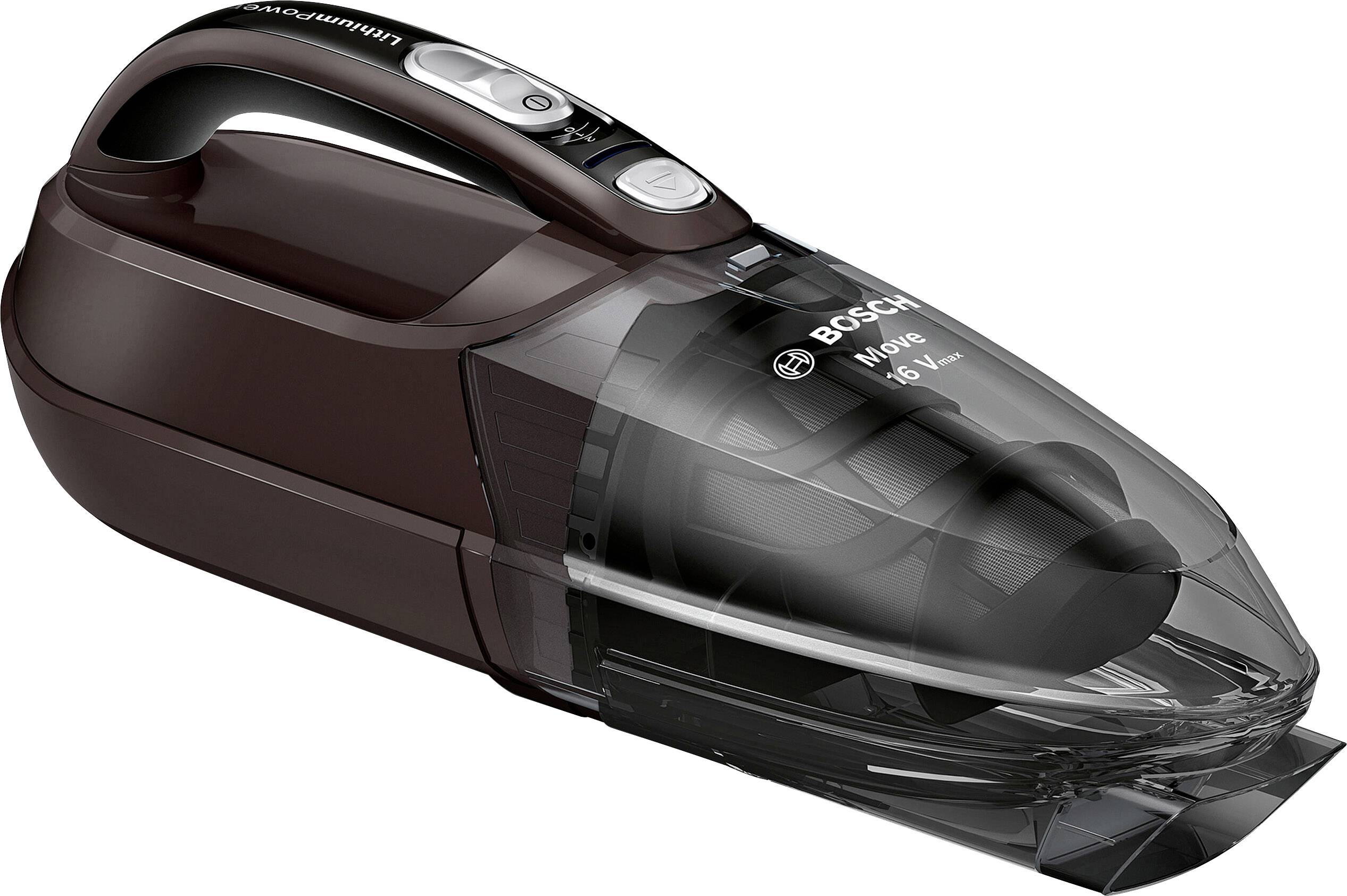 Aspirateur à main compact sans fil en marron foncé avec logo de marque 'Bosch'. Idéal pour un nettoyage rapide de la voiture et de la maison.