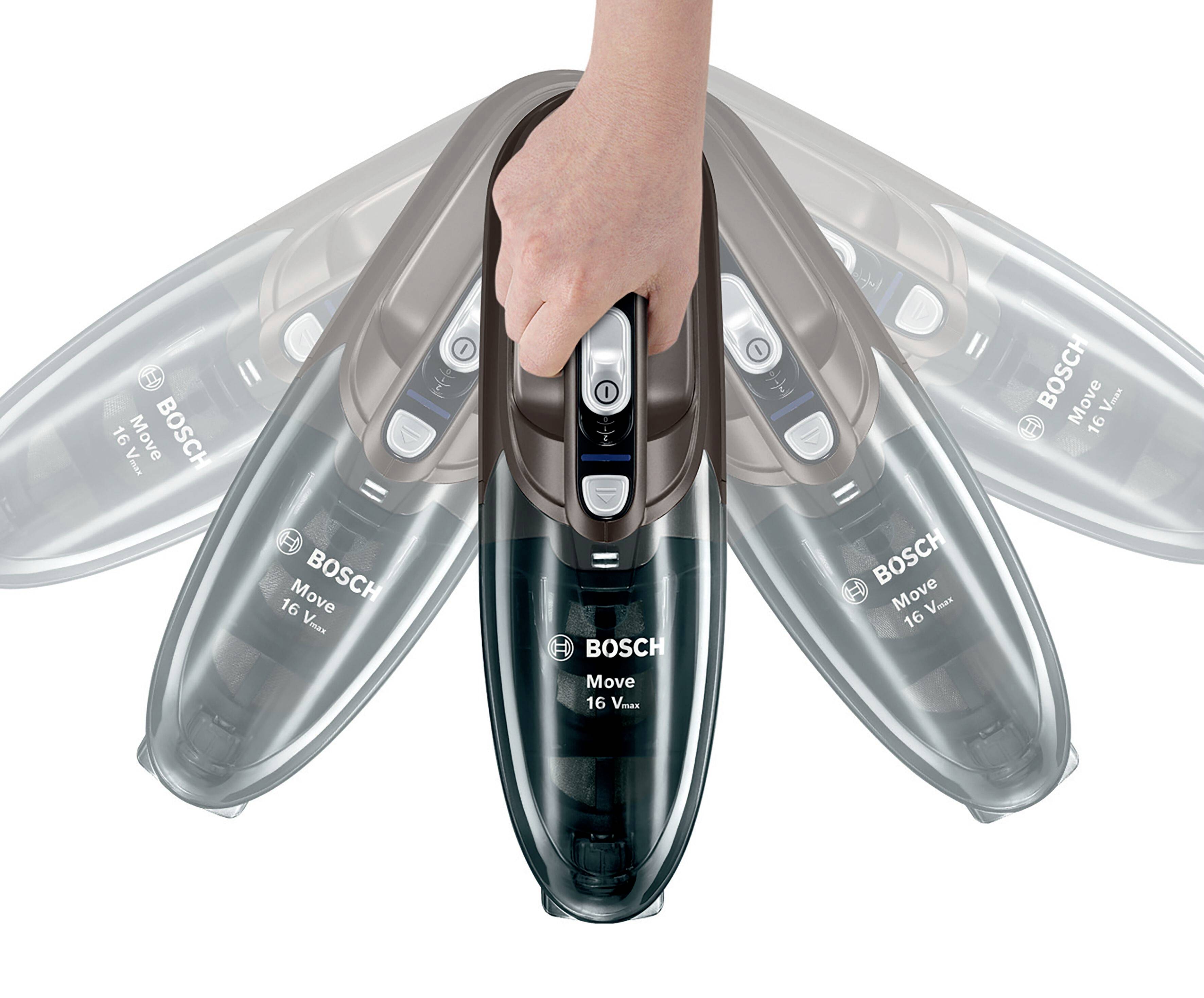 Un aspirateur à main est tenu par une main et présenté sous différents angles pour démontrer sa flexibilité.