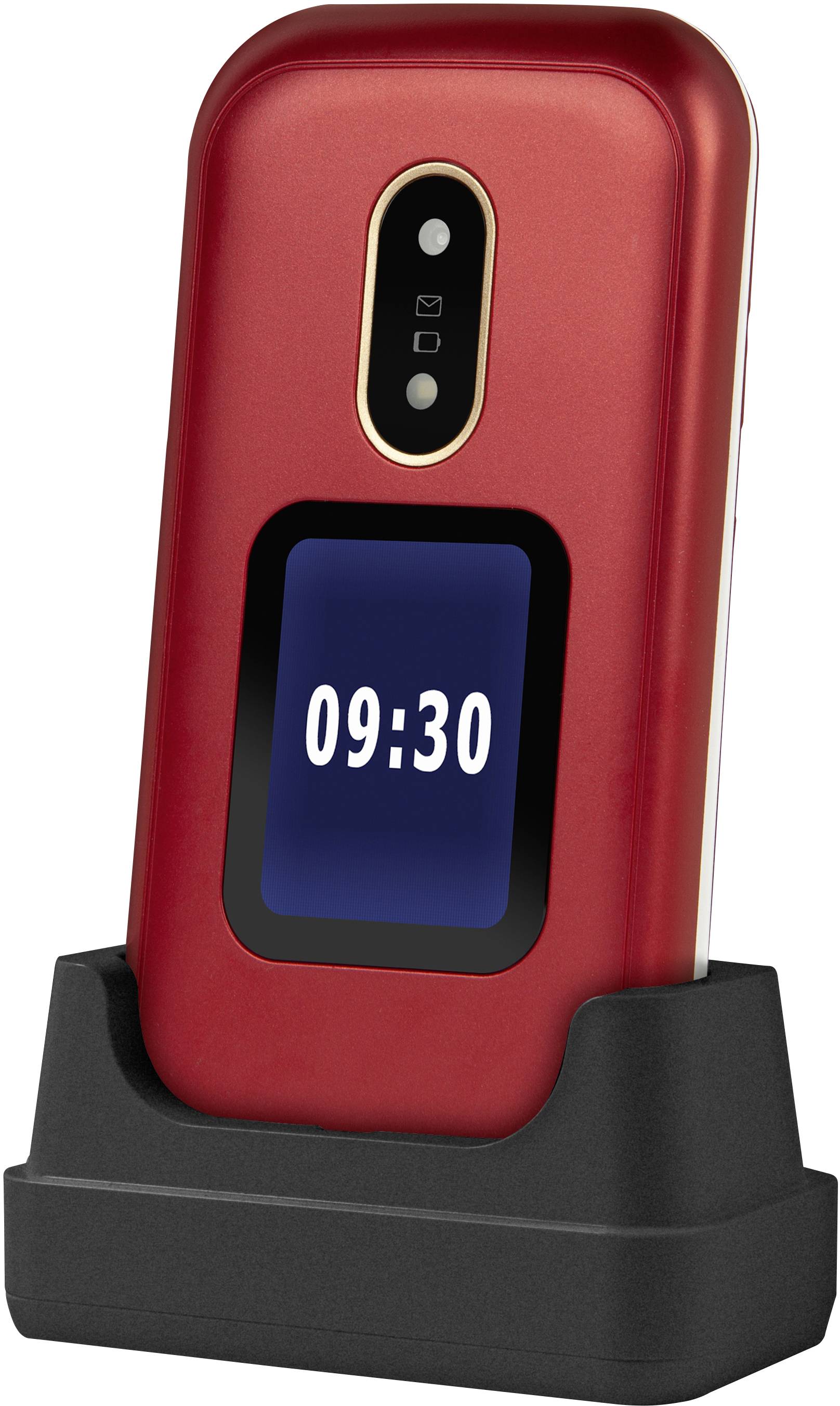 Téléphone portable rouge posé dans une station de charge. L'écran affiche l'heure '09:30'.