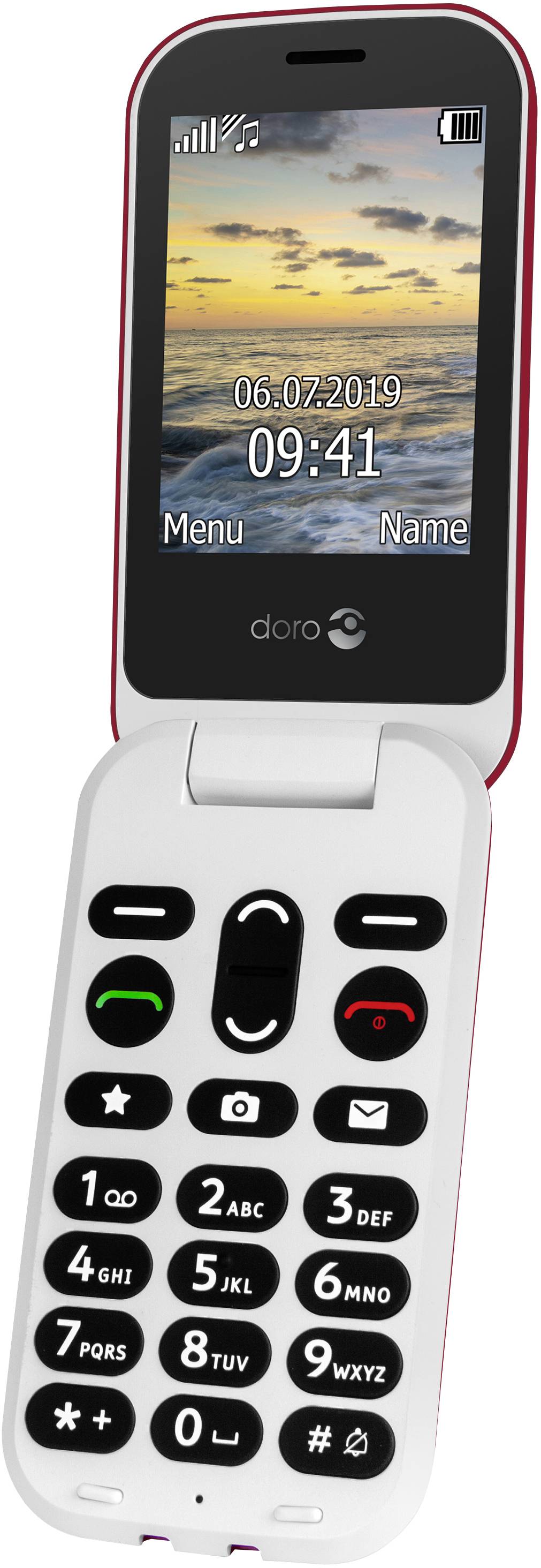 Un téléphone portable à clapet avec de grandes touches et un écran couleur affichant la date et l'heure. Idéal pour des appels téléphoniques simples et l'envoi de SMS.