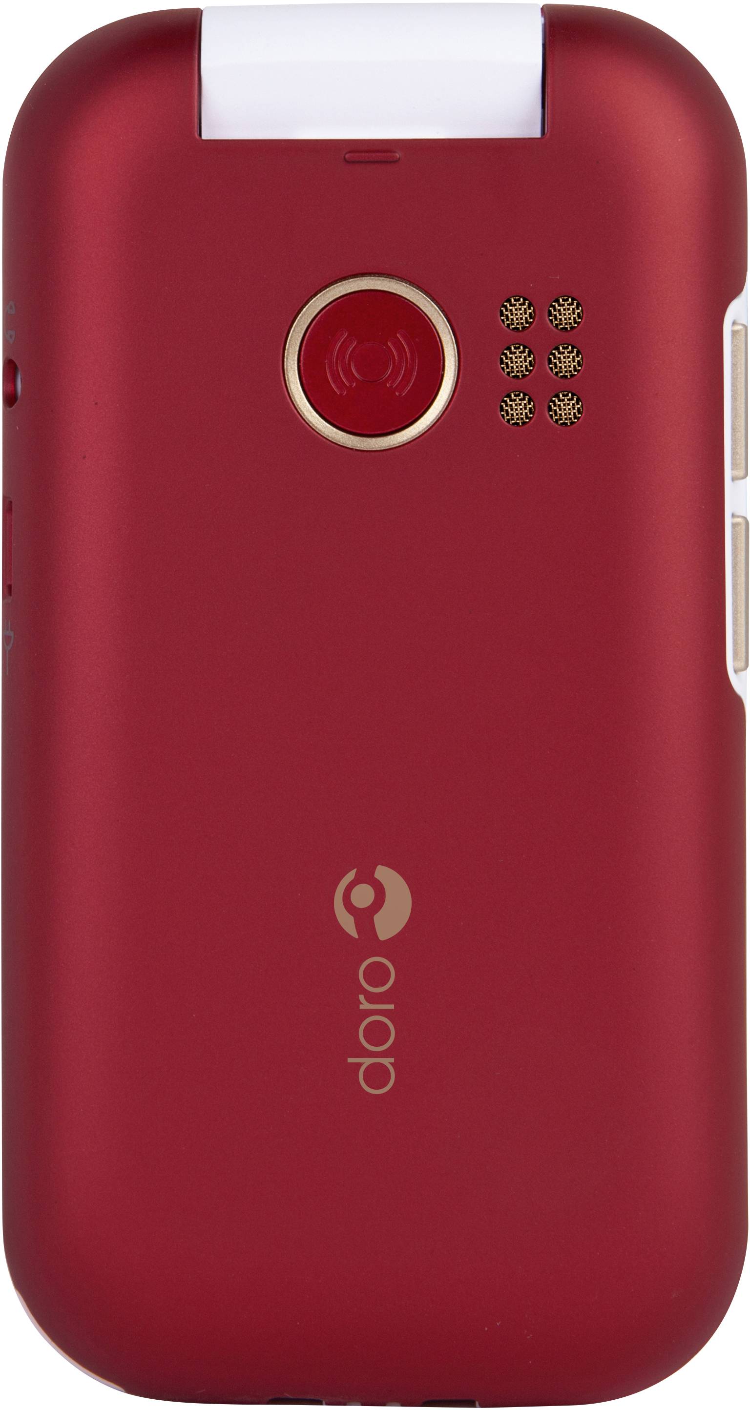 Un téléphone portable à clapet rouge avec un bouton d'urgence à l'arrière, sous le logo de la marque.