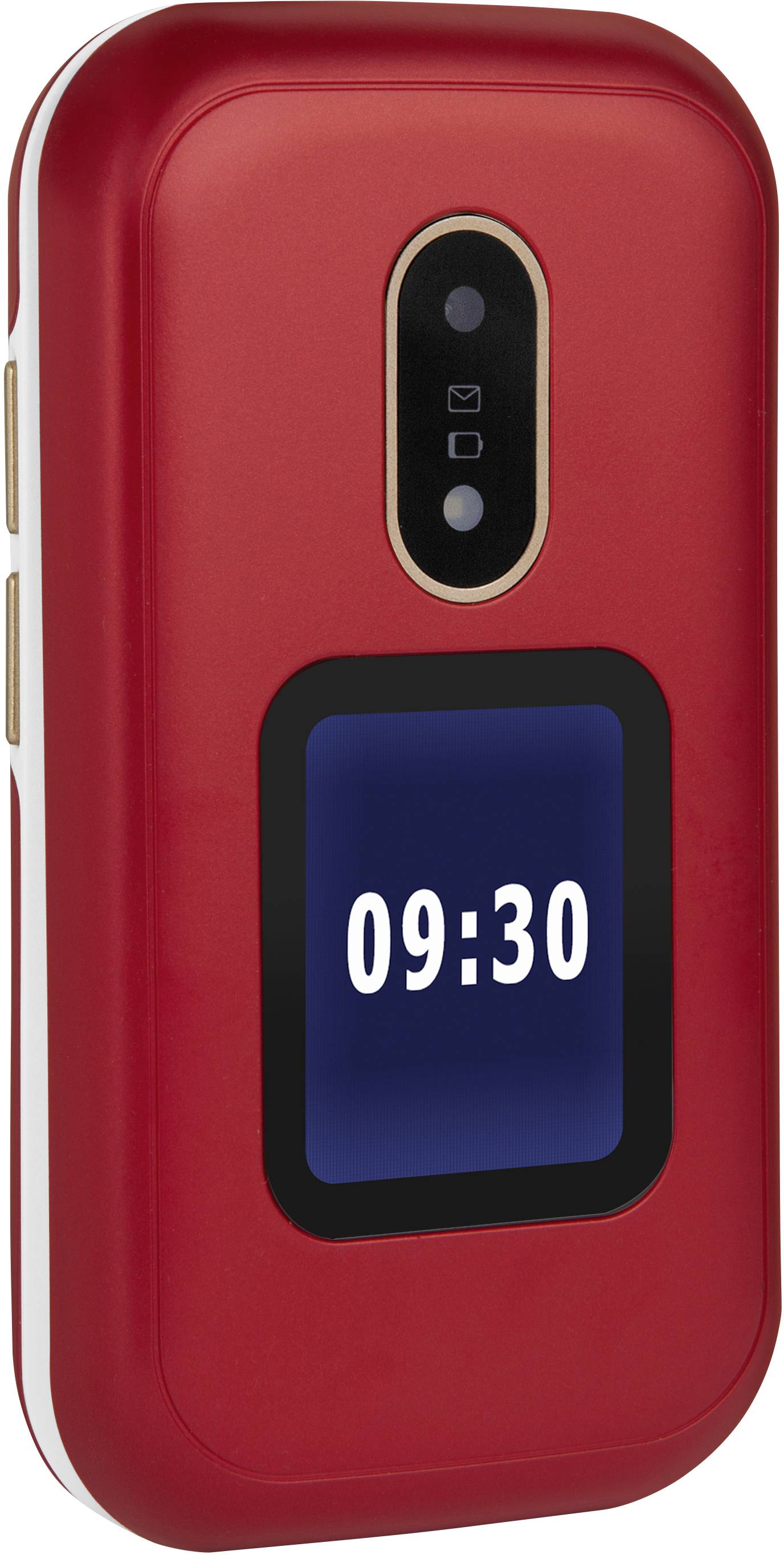 Téléphone portable à clapet rouge avec un écran externe affichant l'heure '09:30'.