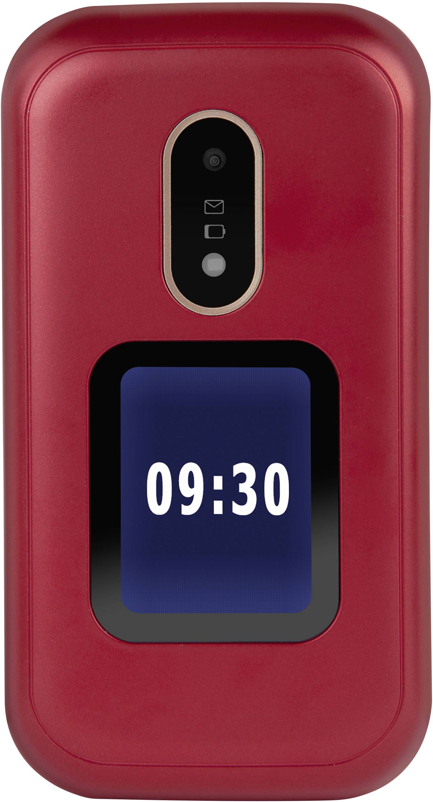 Téléphone portable à clapet rouge avec écran sur la face avant, affichant l'heure '09:30' ; caméra et voyants LED en haut.