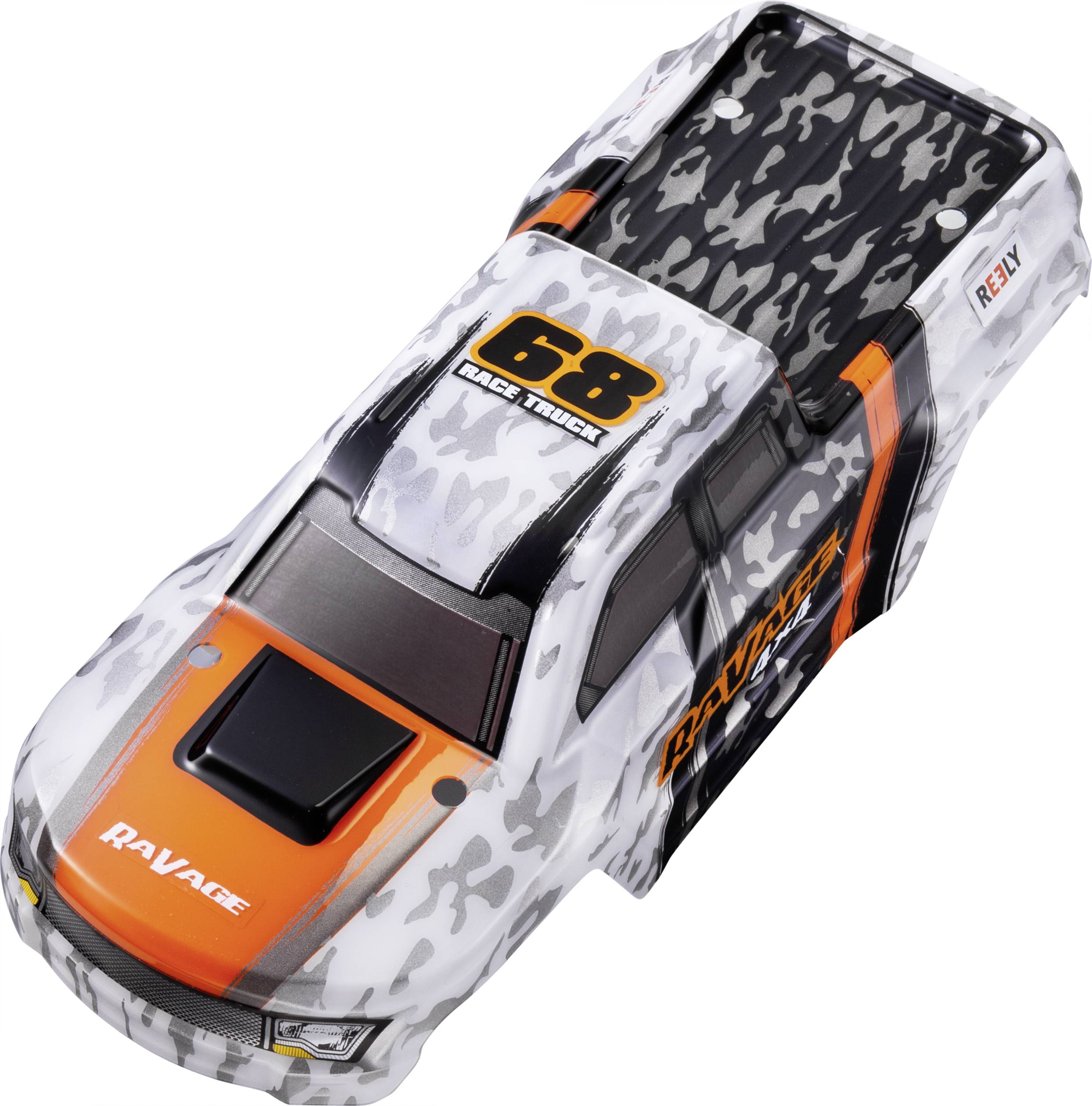 Voiture de course miniature avec motif de camouflage, des accents orange et le numéro '68' sur le toit. Inscription 'Ravage' sur le côté.