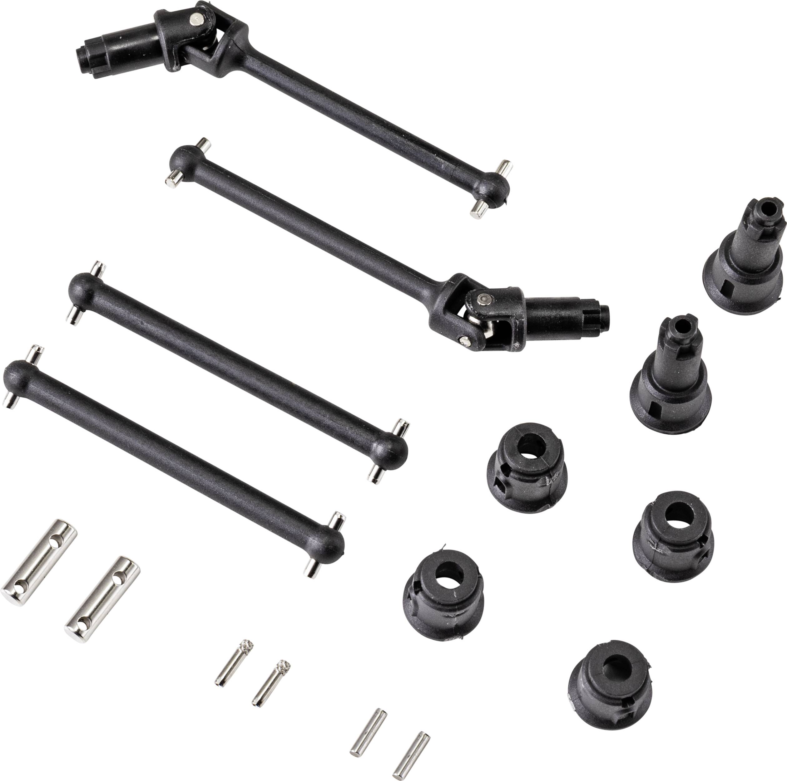 Plusieurs pièces de véhicule noires et éléments de fixation sur fond blanc. Pièces pour maquettisme ou réparation automobile.