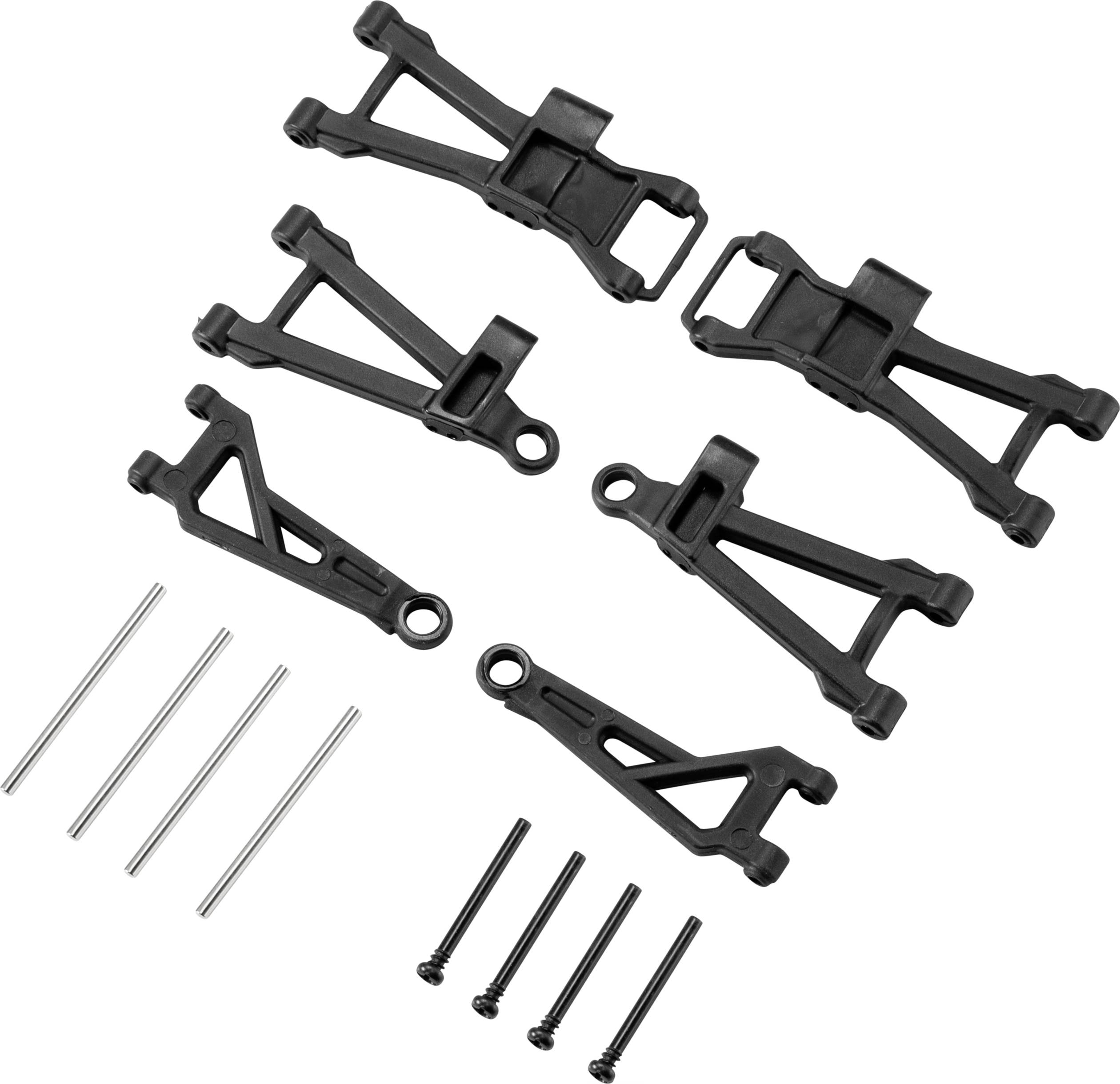 Six pièces en plastique noir et huit vis, probablement des composants d'un kit de modélisme ou d'un ensemble technique.