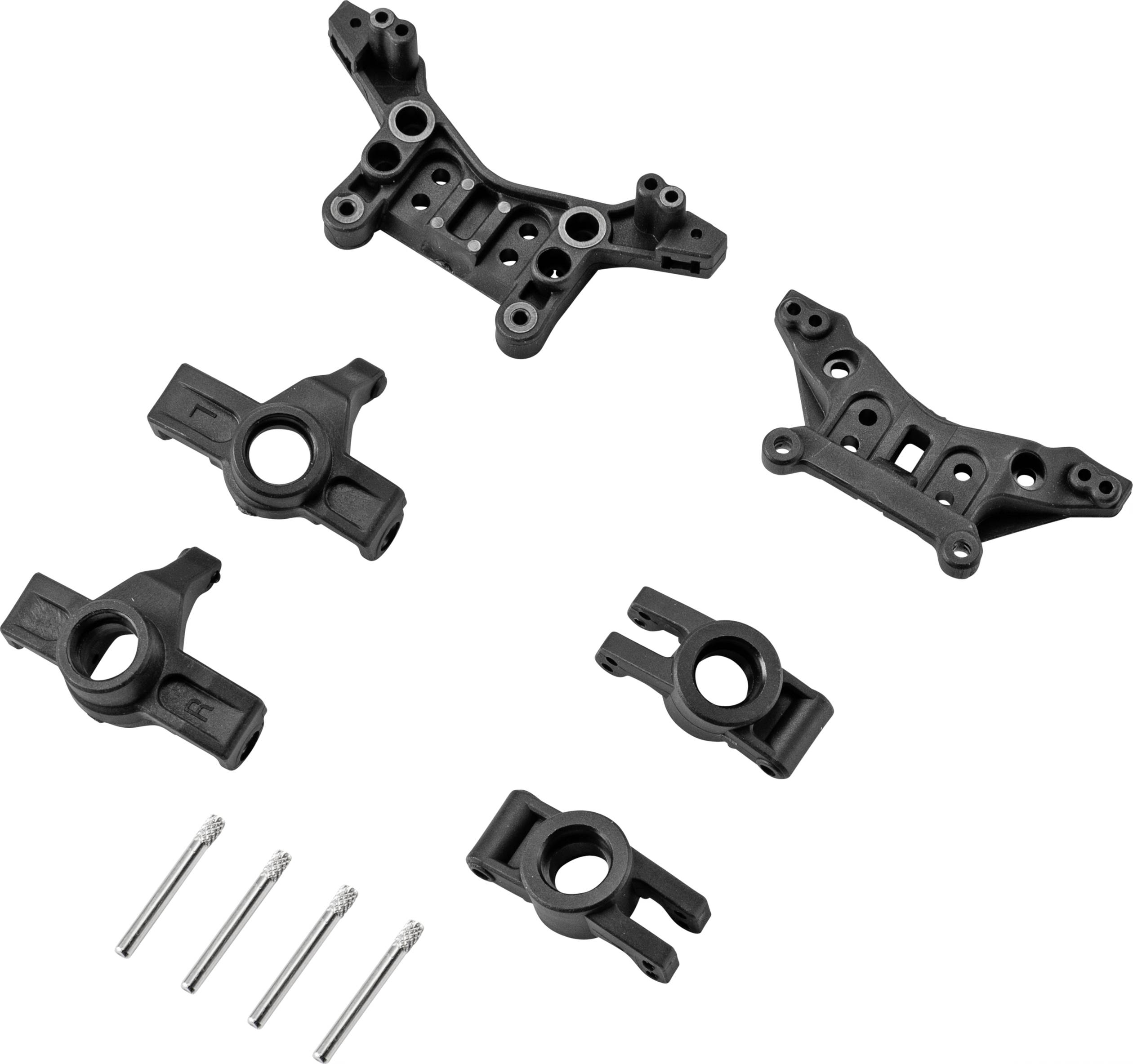 Ensemble de pièces de rechange noires pour une voiture miniature, comprenant des composants de châssis et des vis.