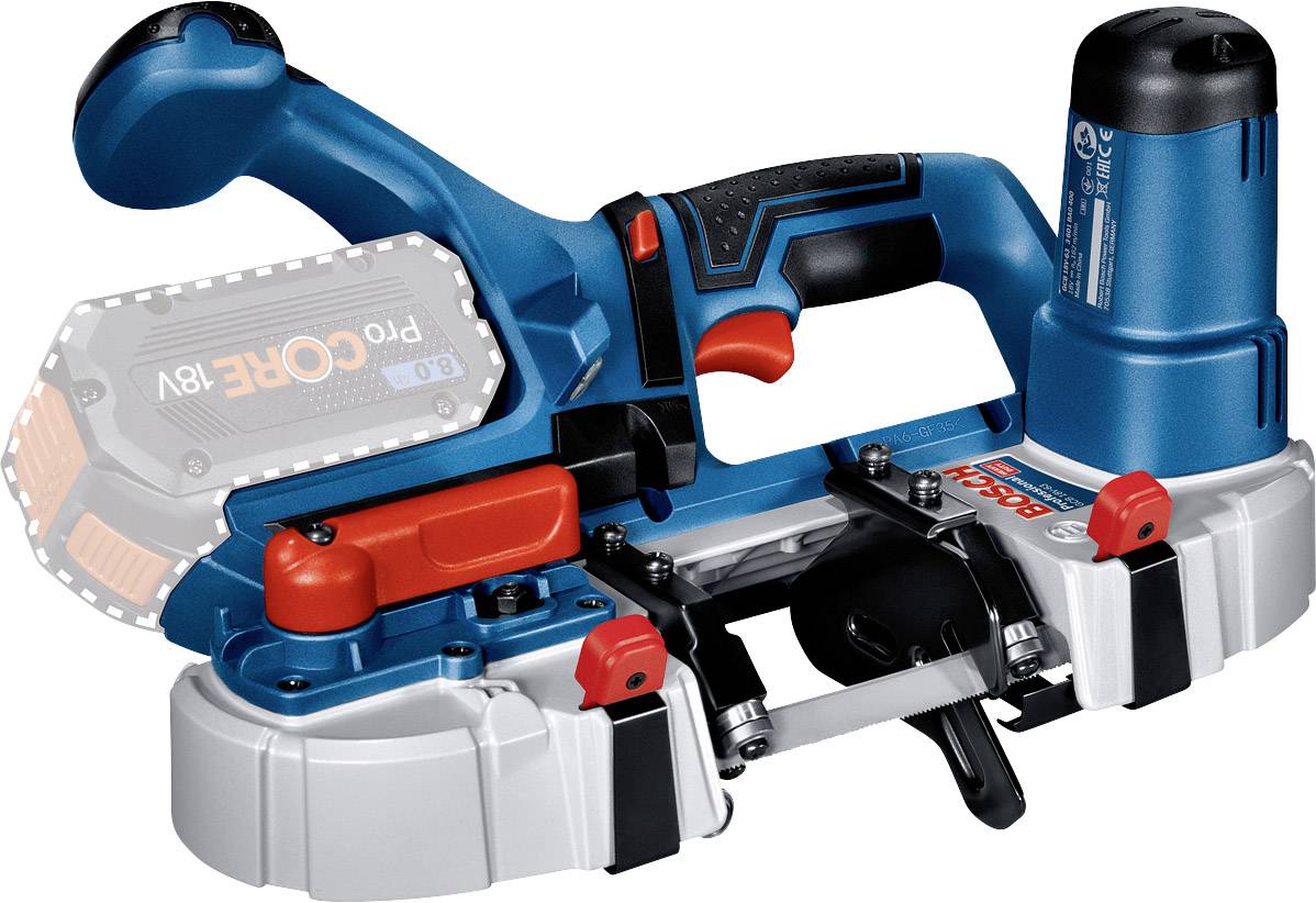 Scie électrique à batterie avec poignée ergonomique, boîtier bleu et lame de coupe exceptionnelle, adaptée pour une coupe précise.