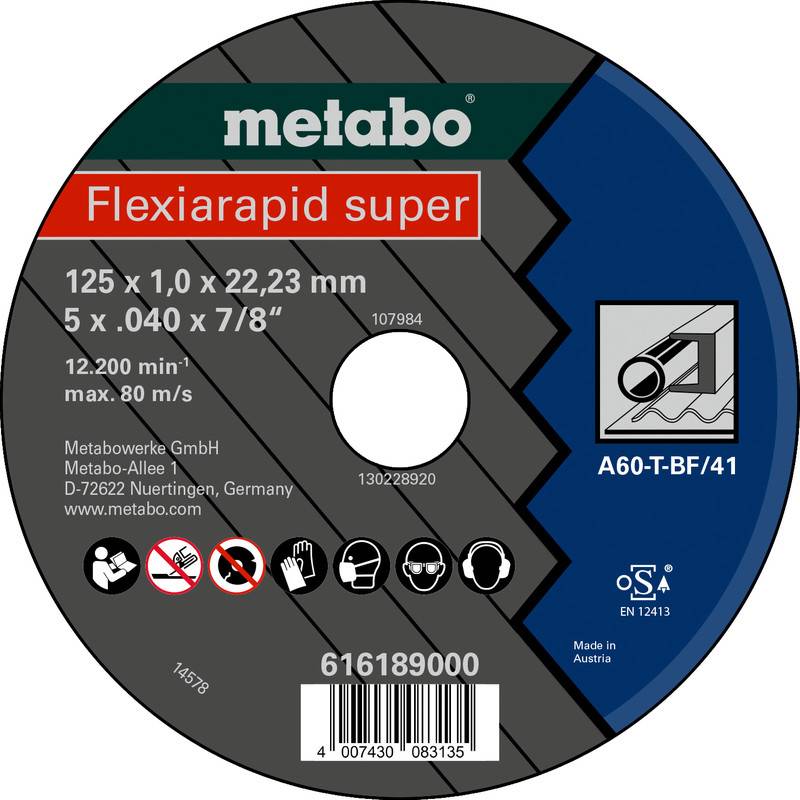 Disque de coupe abrasif super Metabo Flexiarapid, 125 x 1,0 x 22,23 mm, pour la coupe de métaux, avec le code produit 616189000.