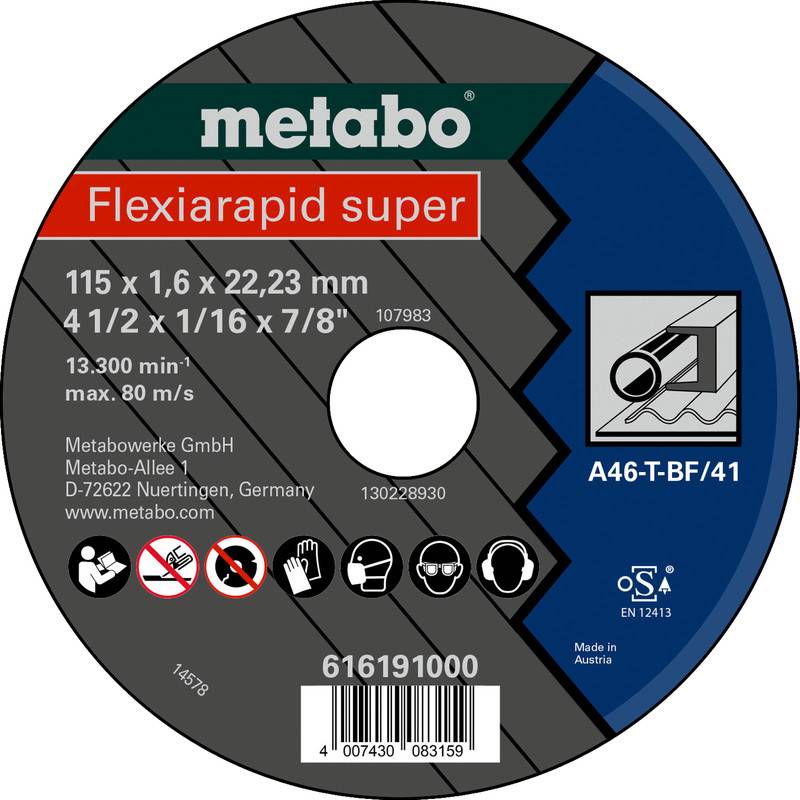 Étiquette pour un disque de coupe abrasif Metabo 'Flexiarapid super', taille 115 x 1,6 x 22,23 mm, avec pictogrammes de sécurité, modèle A46-T-BF/41, et code-barres.
