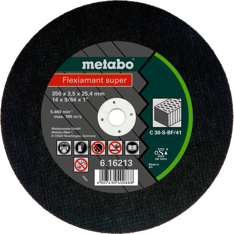 Étiquette du disque de coupe Metabo Flexiamant super rond, affichant les dimensions 350 x 3,5 x 25,4 mm, vitesse maximale 100 m/s, et symboles de sécurité.