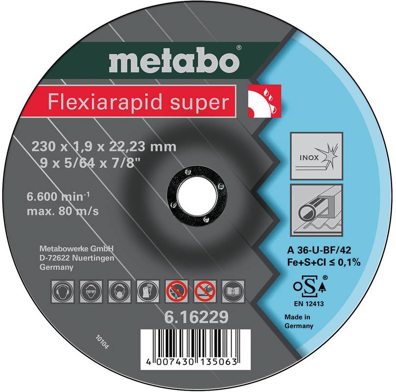 Disque de coupe Metabo Flexiarapid super avec spécifications : 230 x 1,9 x 22,23 mm, 6 600/min max 80 m/s, pour inox, type A 36-U-BF/42.