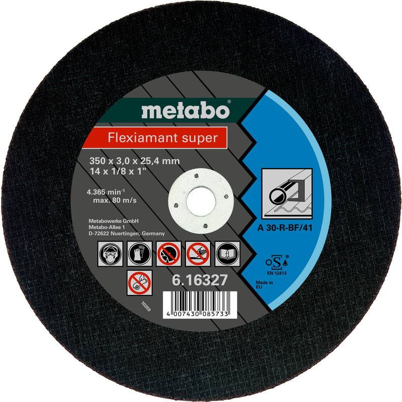 Disque de coupe flexible Metabo Flexiamant super de forme ronde étiqueté 350 x 3,0 x 25,4 mm, avec code-barres et icônes de sécurité.