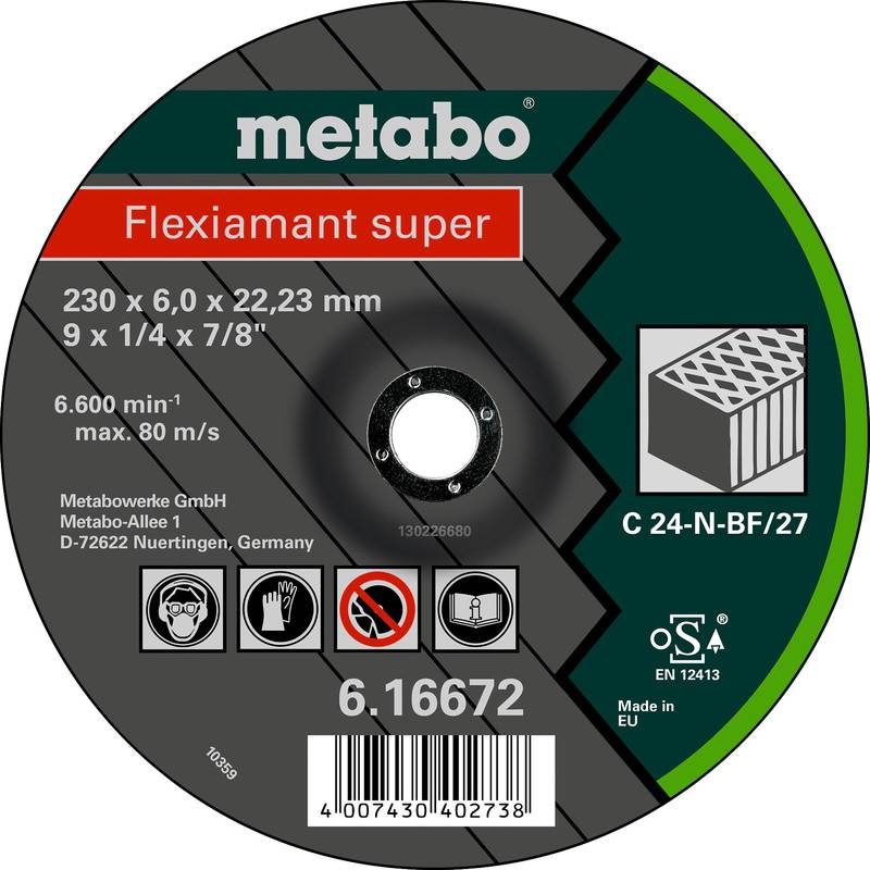 Disque de coupe Metabo Flexiamant super - Étiquette affichant les dimensions 230 x 6,0 x 22,23 mm, régime maximum 6 600 tr/min, et pictogrammes de sécurité.