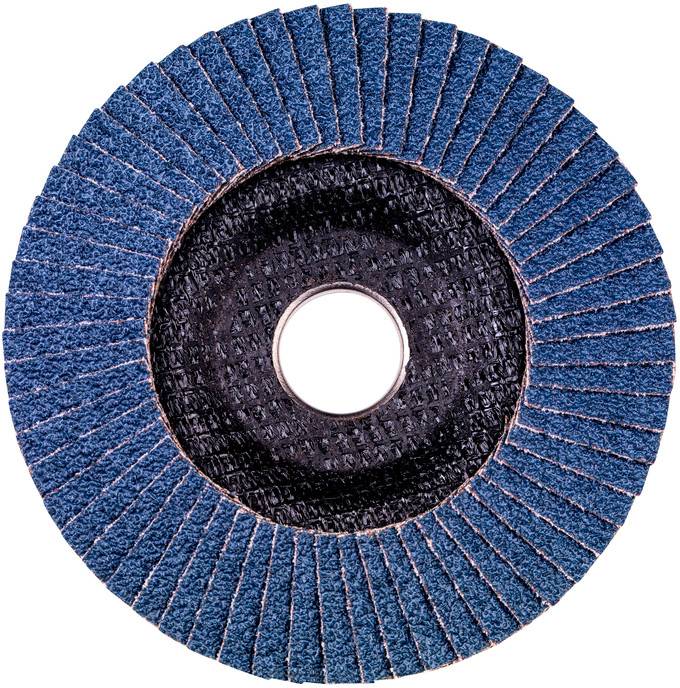 Disque à lamelles abrasif bleu rond avec un trou central, présenté de face sur un fond blanc.