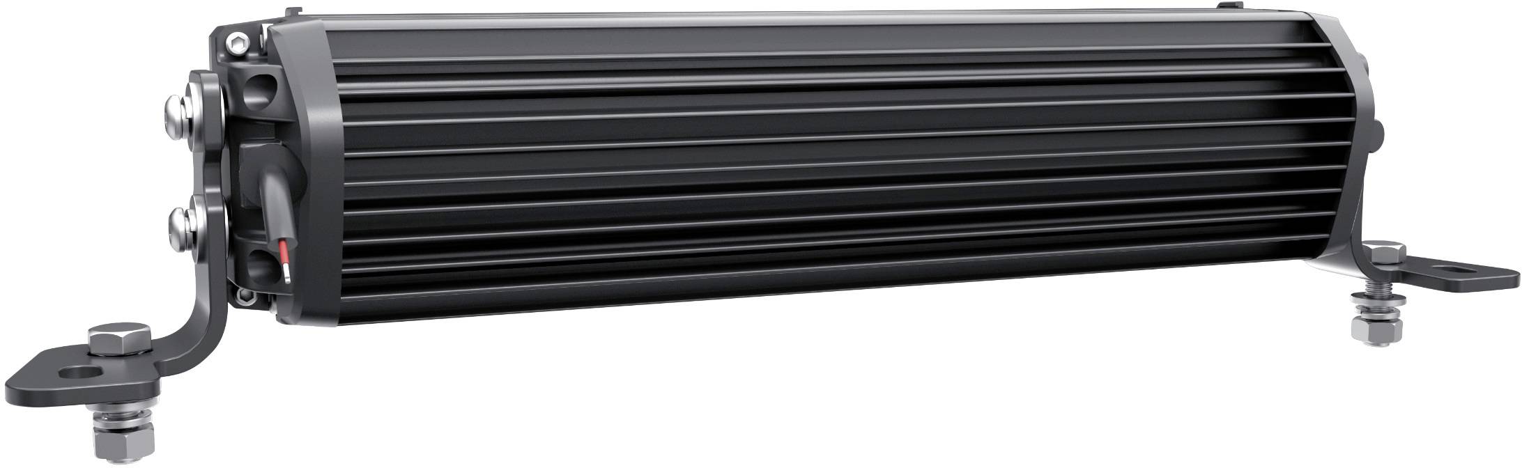 Un boîtier LED noir et cylindrique avec des ailettes de refroidissement et des supports de montage aux extrémités, adapté pour une installation sur véhicule.