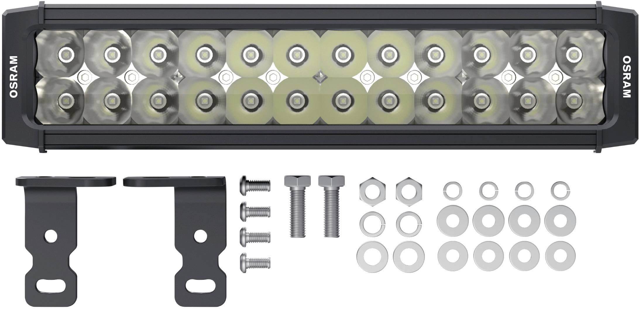 Un barreau lumineux à LED avec supports, vis, écrous et rondelles. Idéal pour le montage sur des véhicules.
