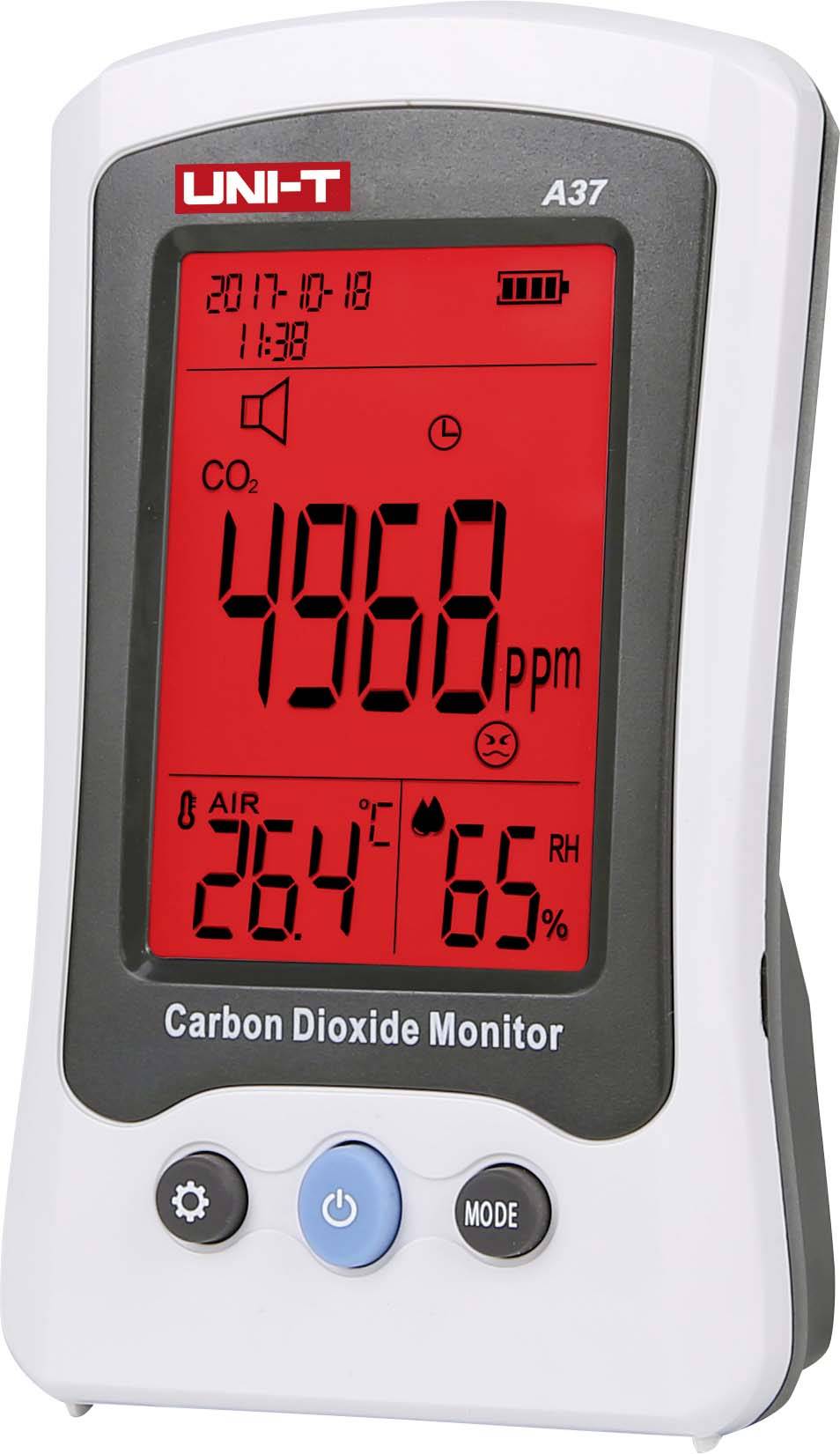 Un moniteur CO2 affiche 'CO2 : 4968 ppm', '26,4 °C', '65 % HR' sur un écran. En haut se trouve la date '2017-10-18 11:38'.