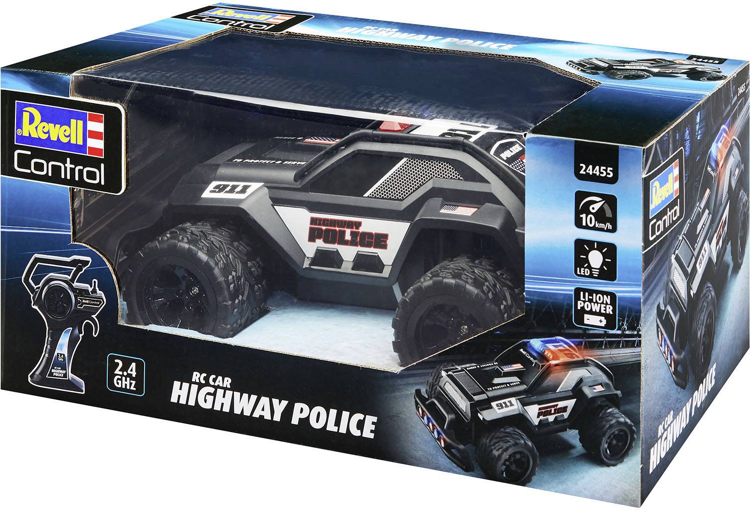 Un emballage d'une voiture de police télécommandée de Revell avec l'inscription 'Highway Police'. Présente la voiture dans un design de police et sa télécommande.