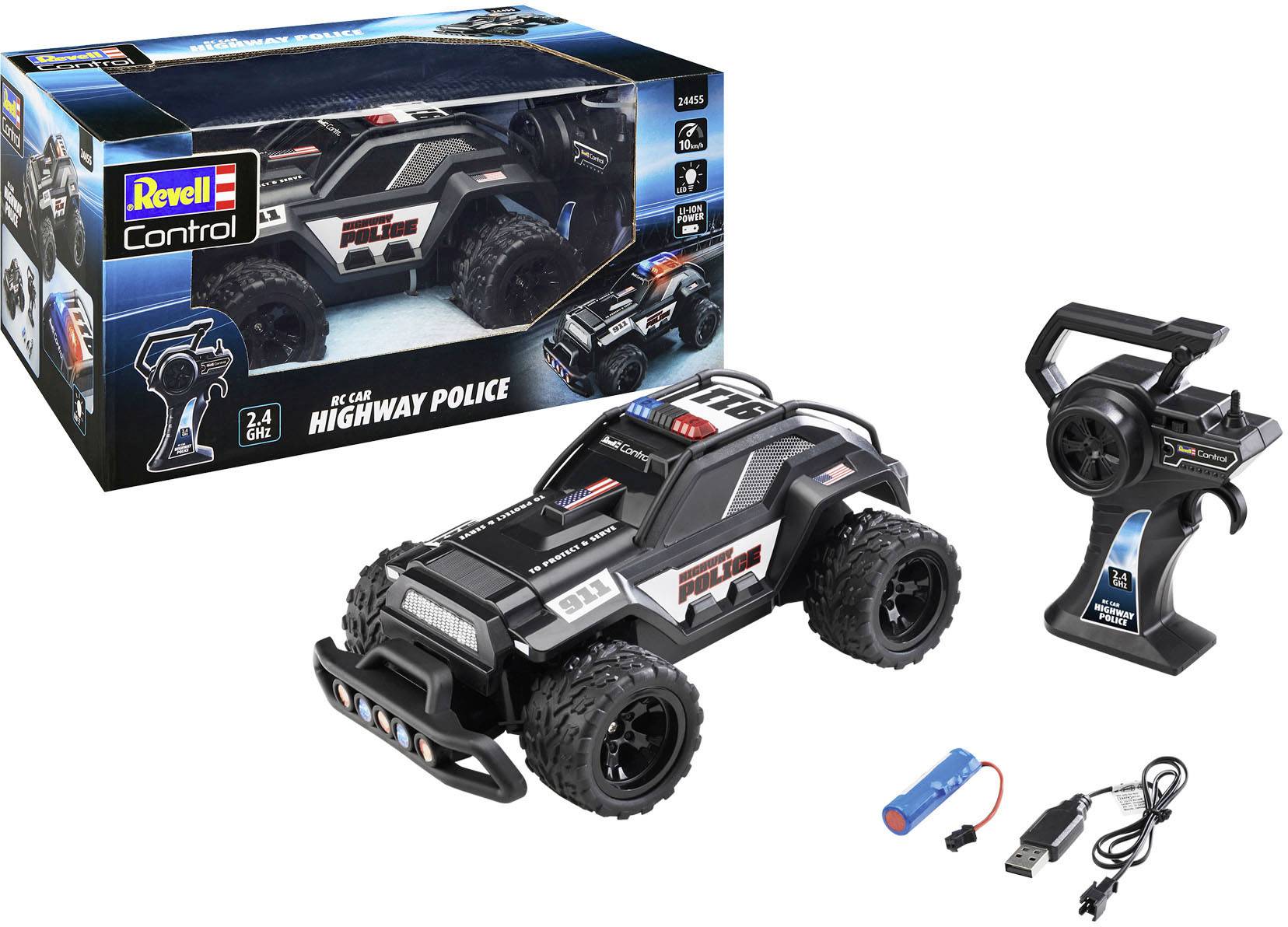 Voiture de police télécommandée, emballée dans un carton. Comprend un chargeur et une batterie.