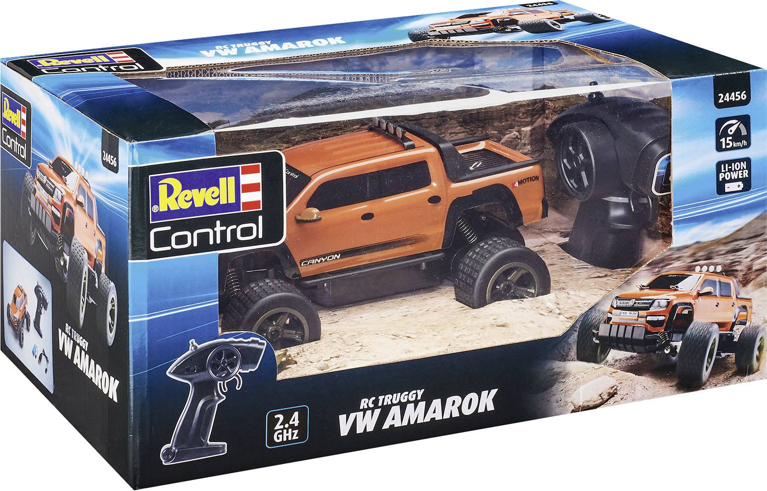 Emballage d'un modèle télécommandé du VW Amarok de Revell, avec une télécommande 2,4 GHz. Le modèle est orange et tout-terrain.