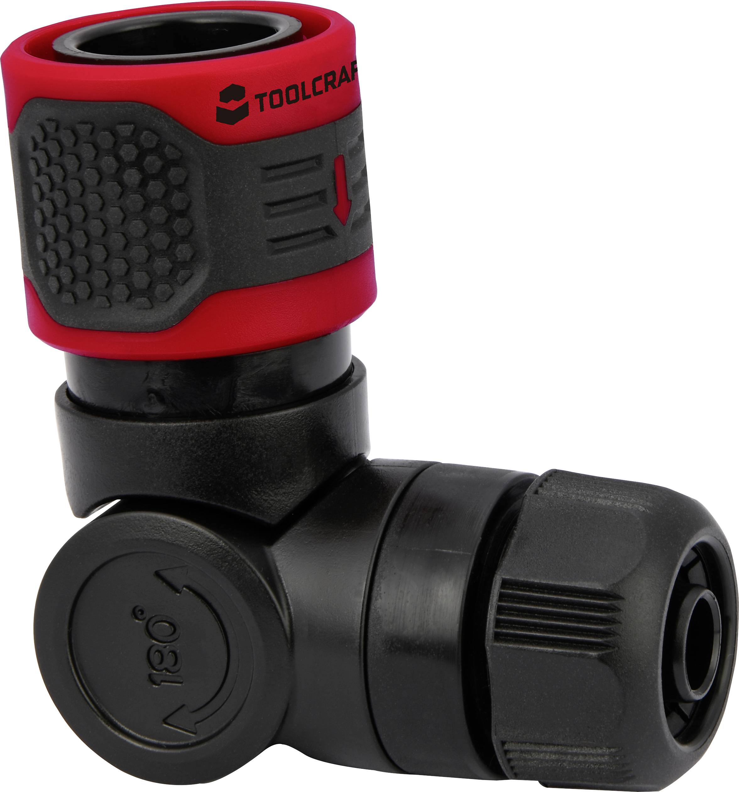 Connecteur d'angle noir et rouge en plastique avec mécanisme de rotation latéral, marqué 'TOOLCRAFT' et d'un symbole de flèche.