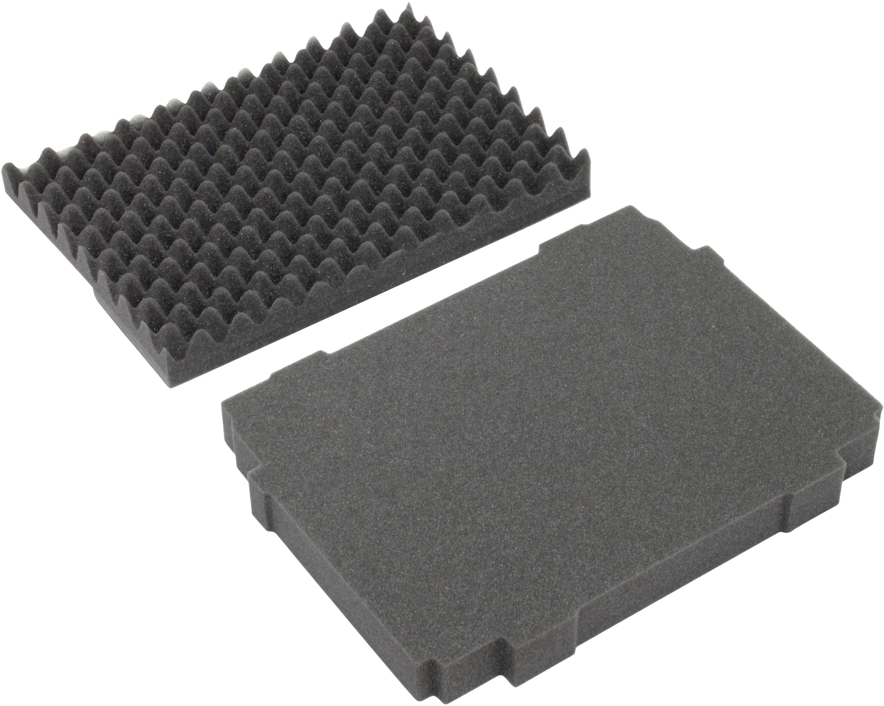 Deux coussinets de protection en mousse, l'un avec des bords pointus pour l'amortissement des chocs, l'autre plat pour la stabilisation.