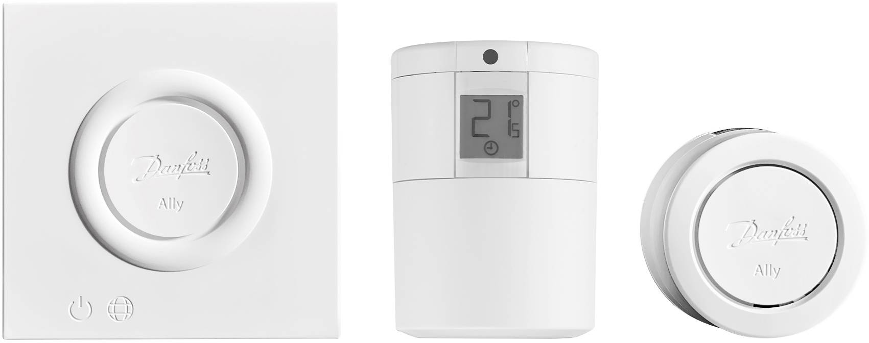 Thermostat intelligent de Danfoss ; affiche '21°C' sur l'écran. Comprend des touches pour l'électricité et le Wi-Fi.