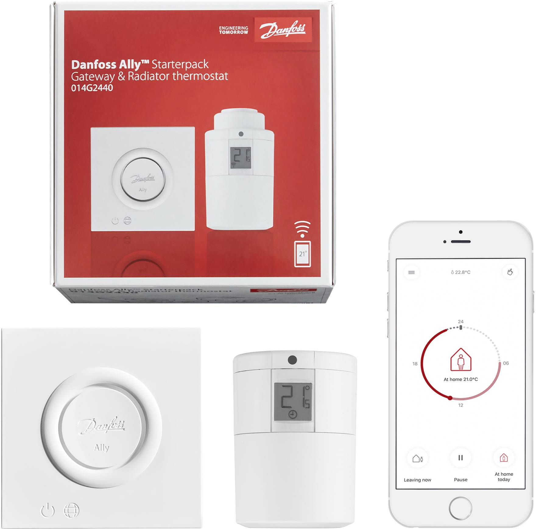 Pack de démarrage Danfoss Ally avec passerelle et thermostat de radiateur, illustré avec l'application mobile pour un contrôle de chauffage confortable.