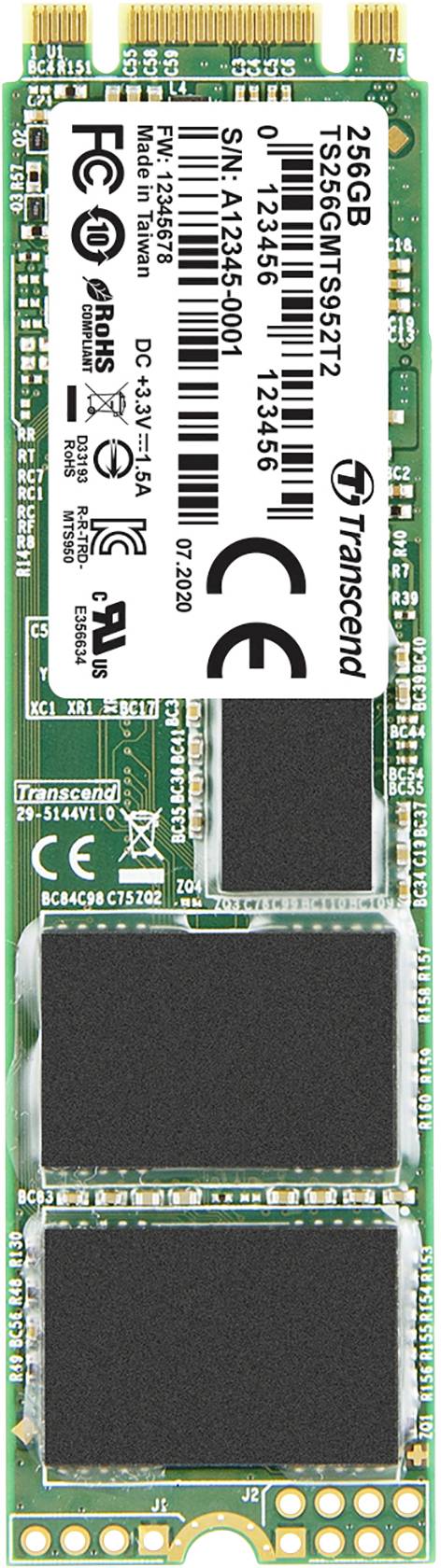 Un module SSD M.2 vert avec plusieurs puces de mémoire noires et une étiquette blanche portant des informations techniques. Capacité : 256 Go.