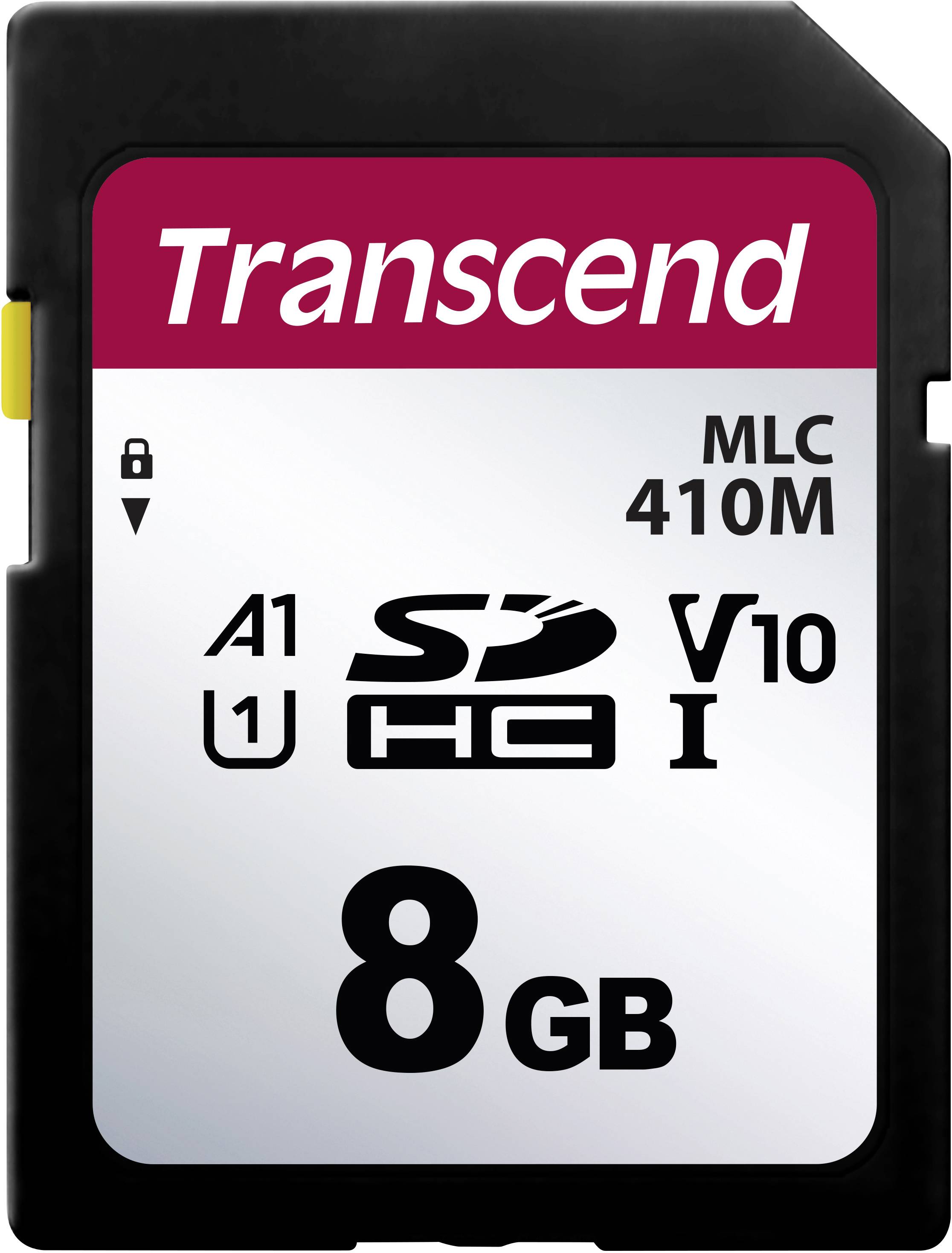 Une carte mémoire SDHC Transcend de 8 Go, adaptée aux enregistrements vidéo de classe 10 et U1, marquée A1, MLC 410M.