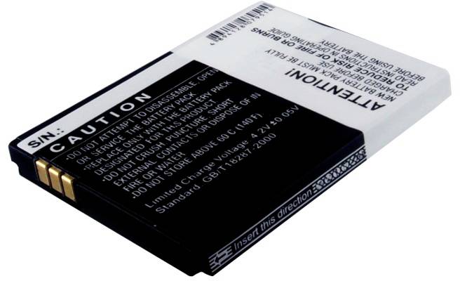 Batterie à forme carrée avec des avertissements en anglais sur le devant. Les contacts sont visibles sur le côté gauche.