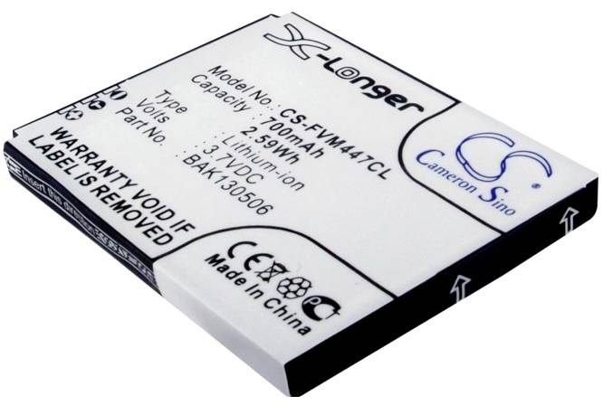 Une batterie lithium-ion rectangulaire portant l'inscription 'Model No: CS-FWM447CL, Capacity: 1050mAh, 3.9Wh, 3.7V'. Fabriquée en Chine.